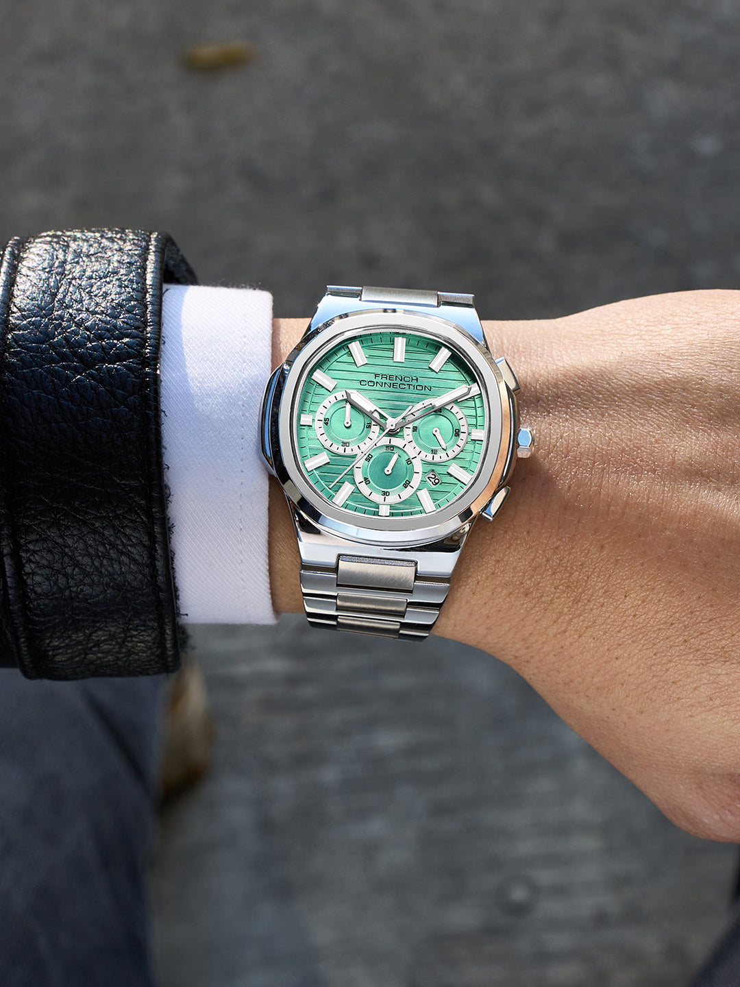 French Connection Zener | Chronograph | Date Green Round Dial | Stainless Steel Strap | Texture Feature Wrist Watch for Men - FCM05SM