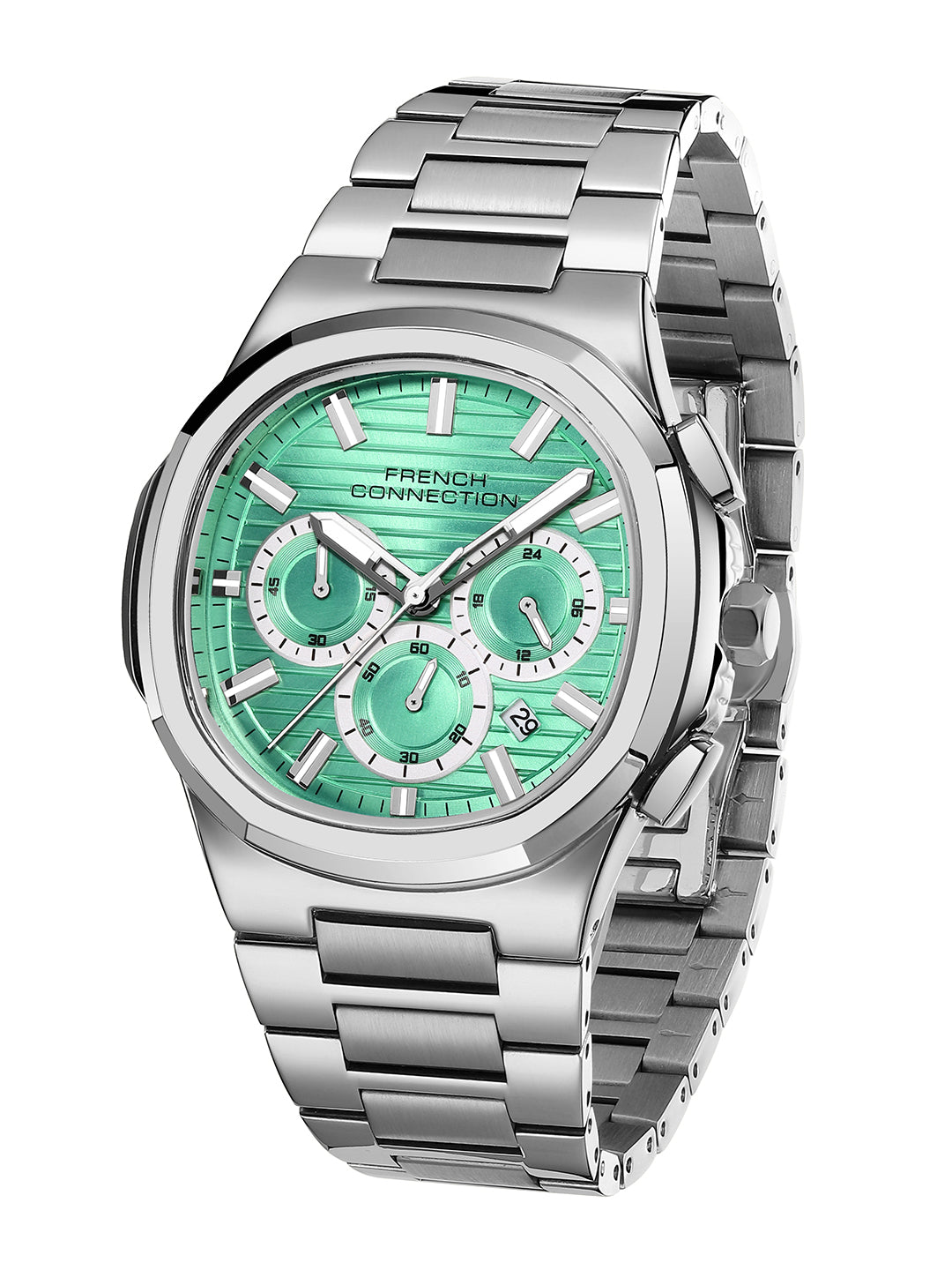 French Connection Zener | Chronograph | Date Green Round Dial | Stainless Steel Strap | Texture Feature Wrist Watch for Men - FCM05SM