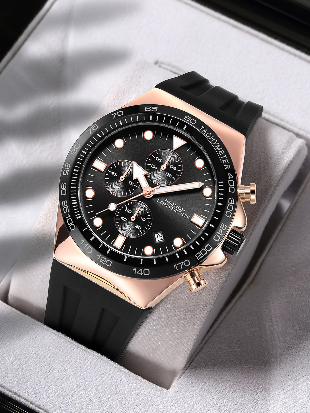 French Connection Triumphus | Quartz Chronograph | Black Dial | Black Silicone Strap | Watch for Men - FCM07BB