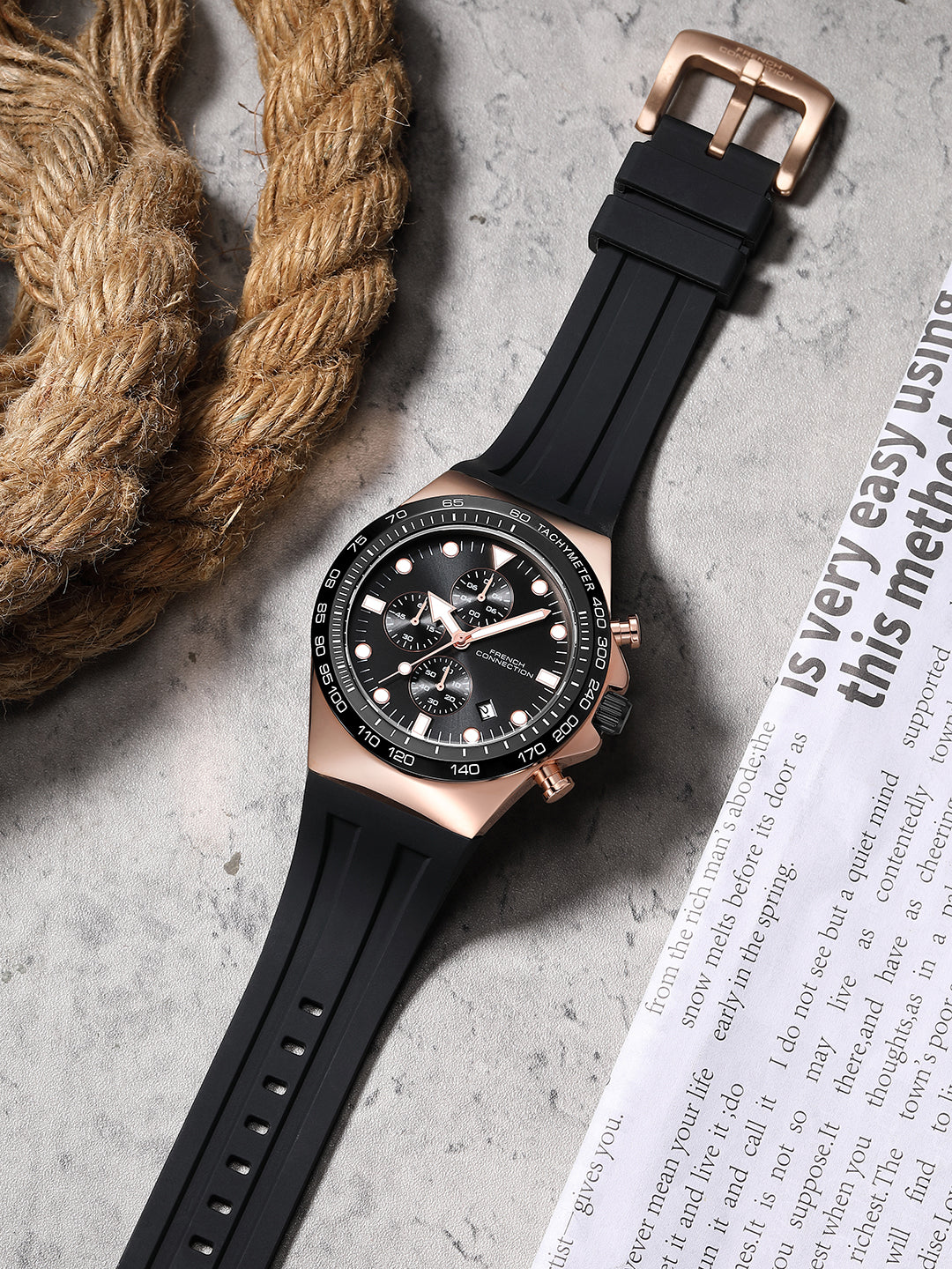French Connection Triumphus | Quartz Chronograph | Black Dial | Black Silicone Strap | Watch for Men - FCM07BB