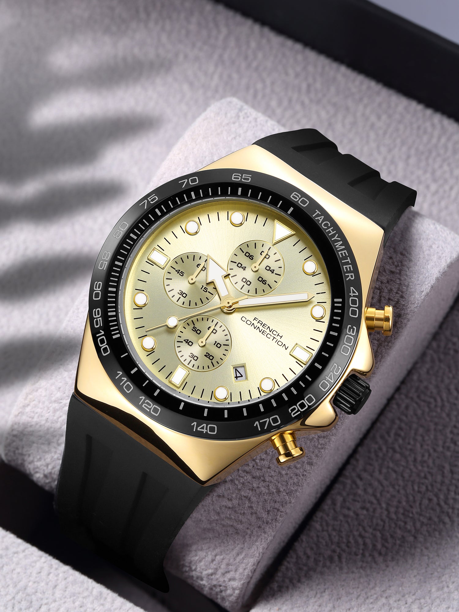 French Connection Triumphus | Quartz Chronograph | Champagne Dial | Black Silicone Strap | Watch for Men - FCM07B