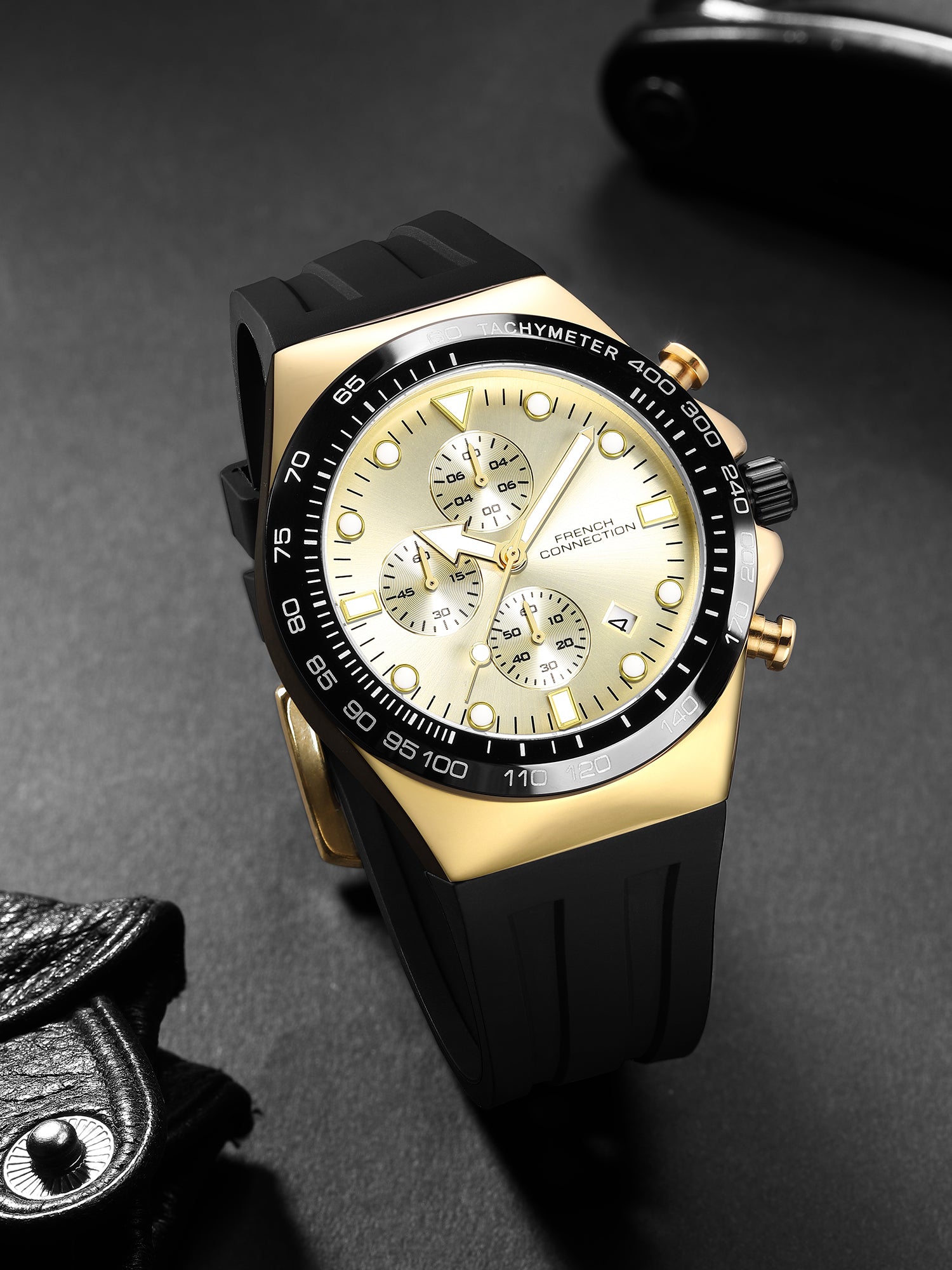 French Connection Triumphus | Quartz Chronograph | Champagne Dial | Black Silicone Strap | Watch for Men - FCM07B