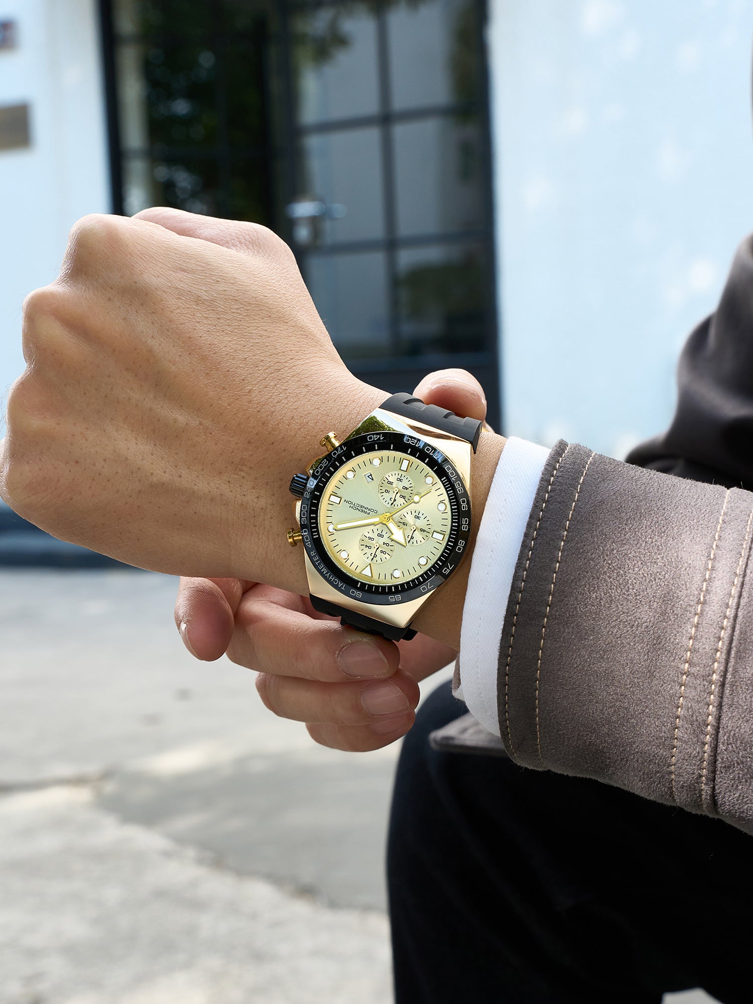 French Connection Triumphus | Quartz Chronograph | Champagne Dial | Black Silicone Strap | Watch for Men - FCM07B