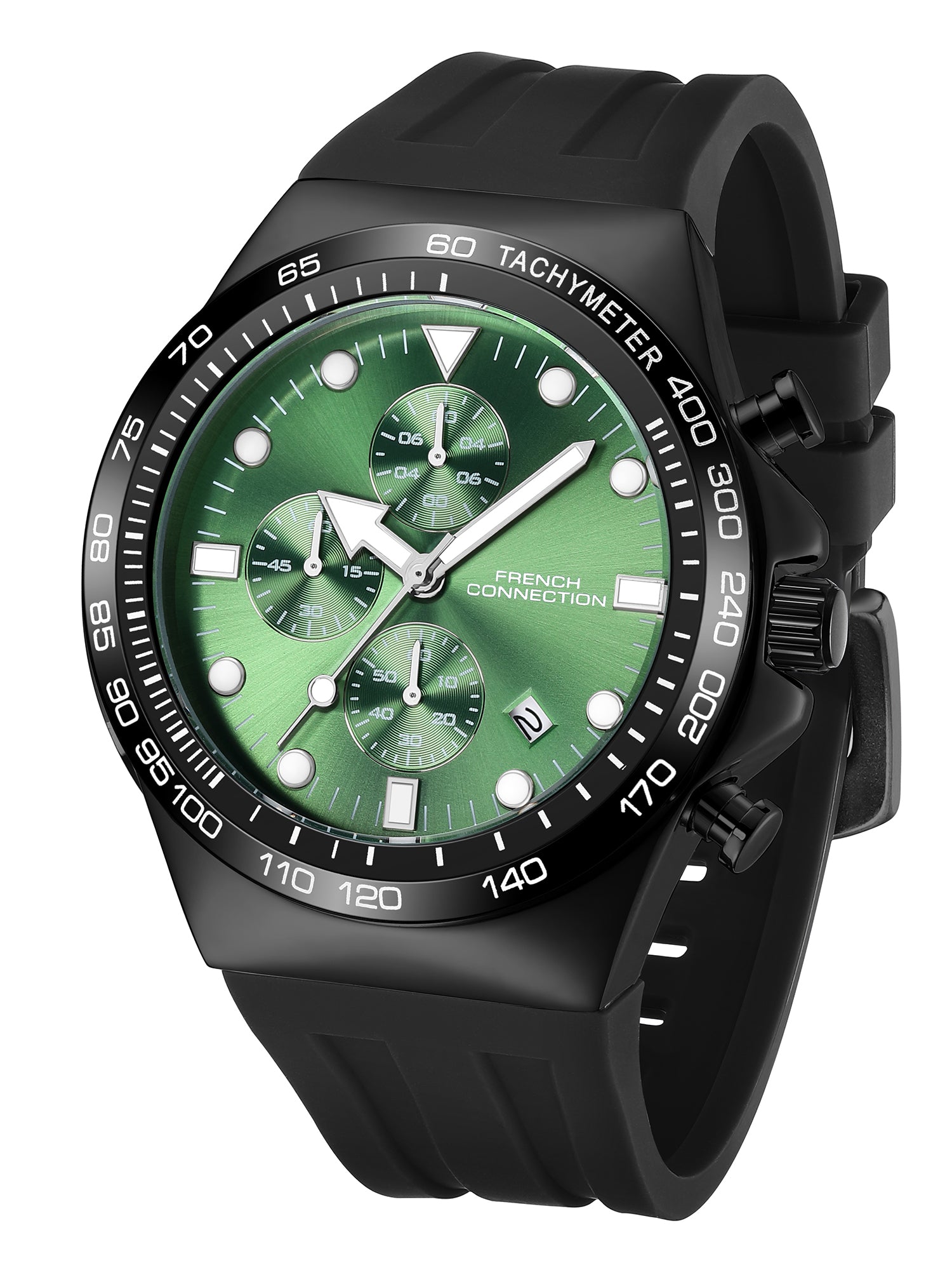 French Connection Triumphus | Quartz Chronograph | Green Dial | Black Silicone Strap | Watch for Men - FCM07NB