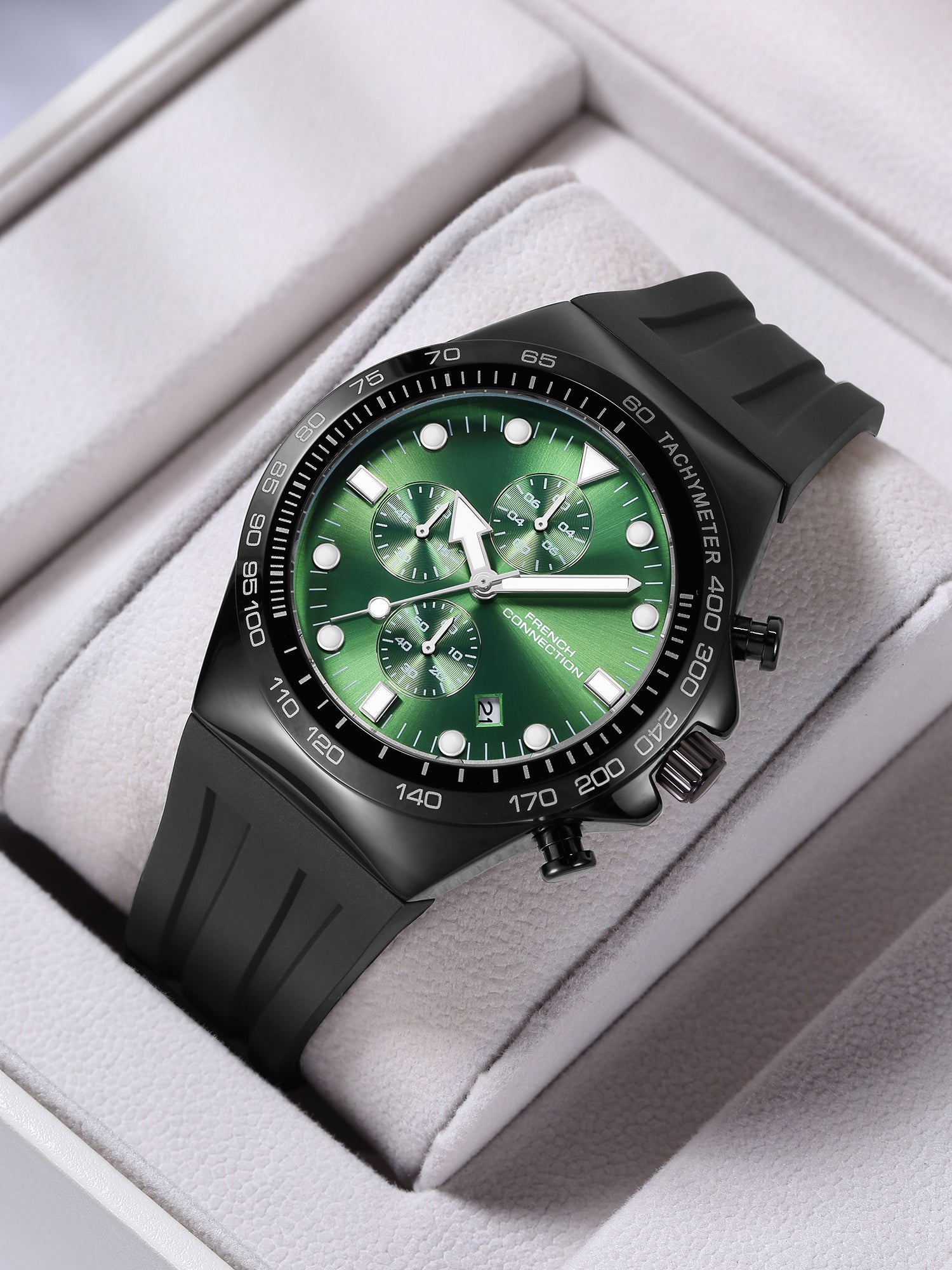 French Connection Triumphus | Quartz Chronograph | Green Dial | Black Silicone Strap | Watch for Men - FCM07NB