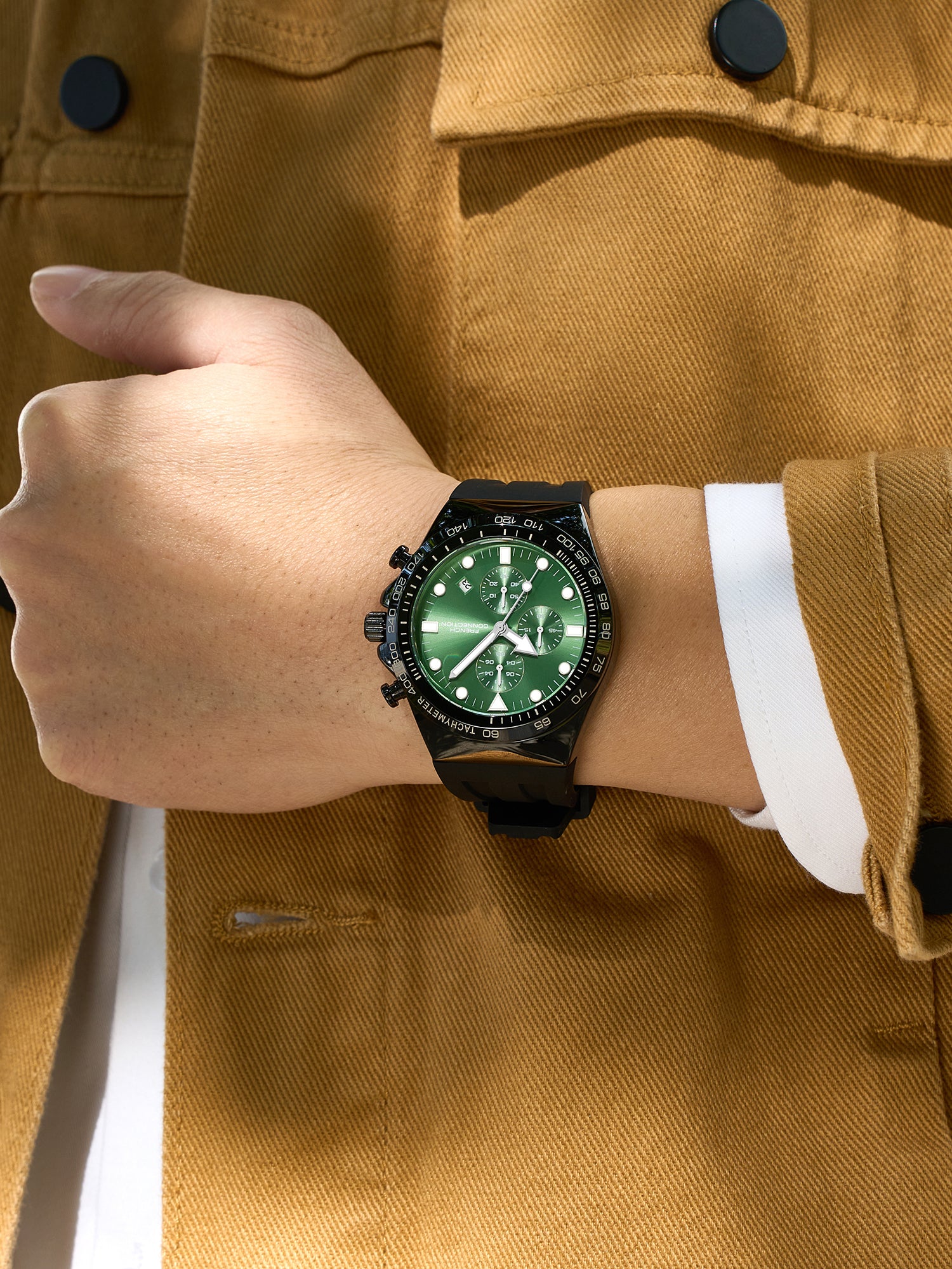 French Connection Triumphus | Quartz Chronograph | Green Dial | Black Silicone Strap | Watch for Men - FCM07NB