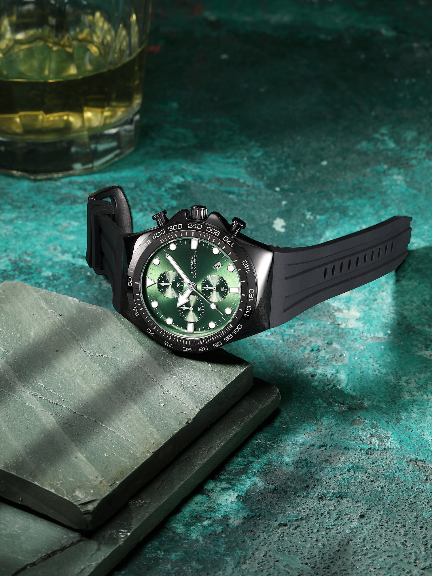 French Connection Triumphus | Quartz Chronograph | Green Dial | Black Silicone Strap | Watch for Men - FCM07NB