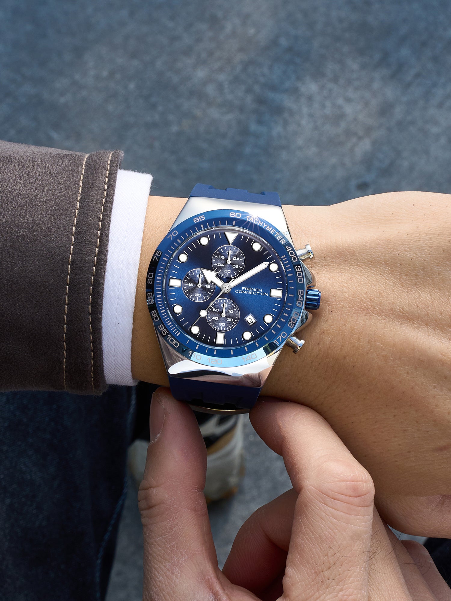 French Connection Triumphus | Quartz Chronograph | Blue Dial | Blue Silicone Strap | Watch for Men - FCM07SU