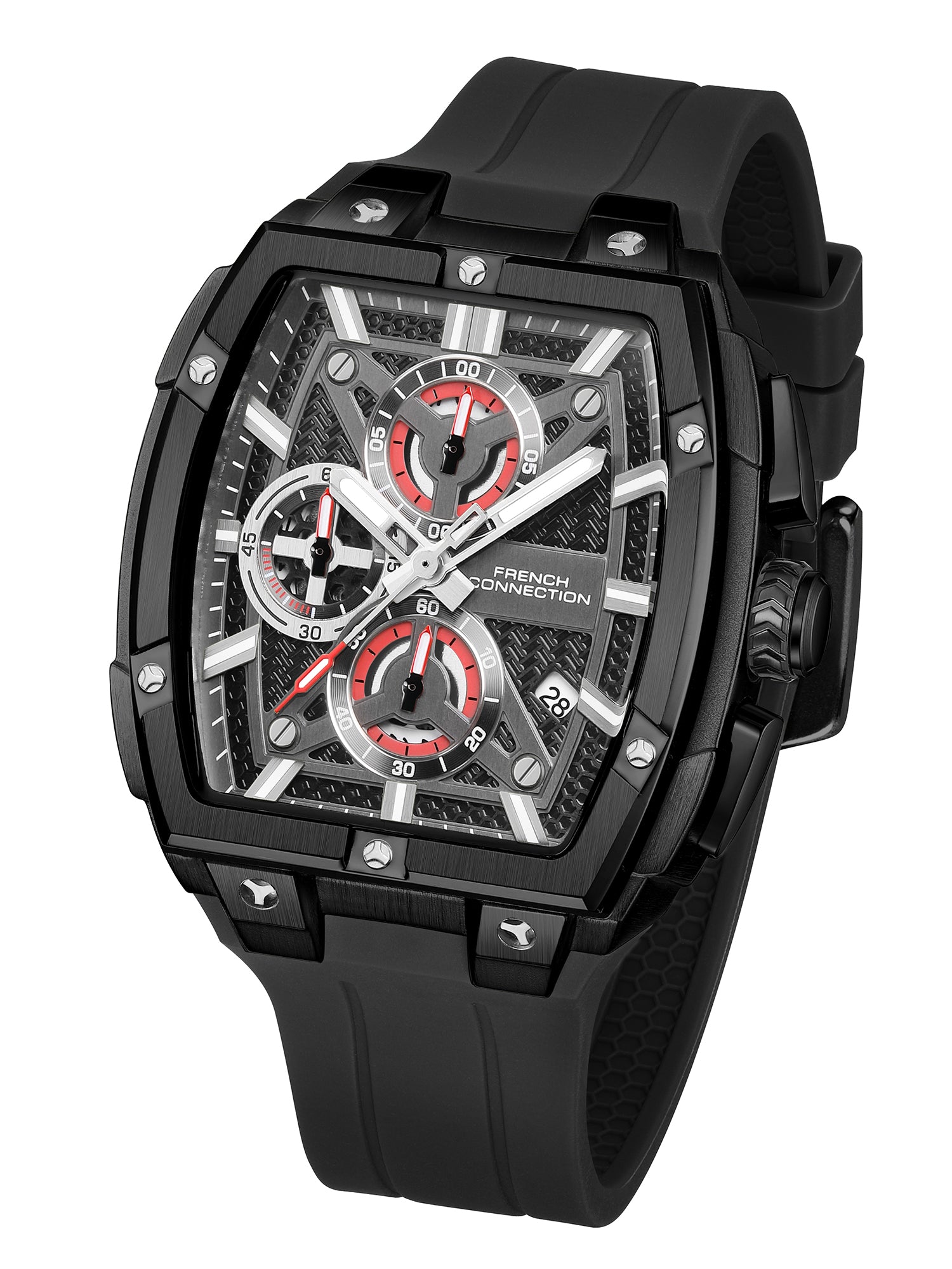 French Connection Exedra | Tonneau Chronograph | Black Dial | Black Silicone Strap | Watch for Men - FCM08BB