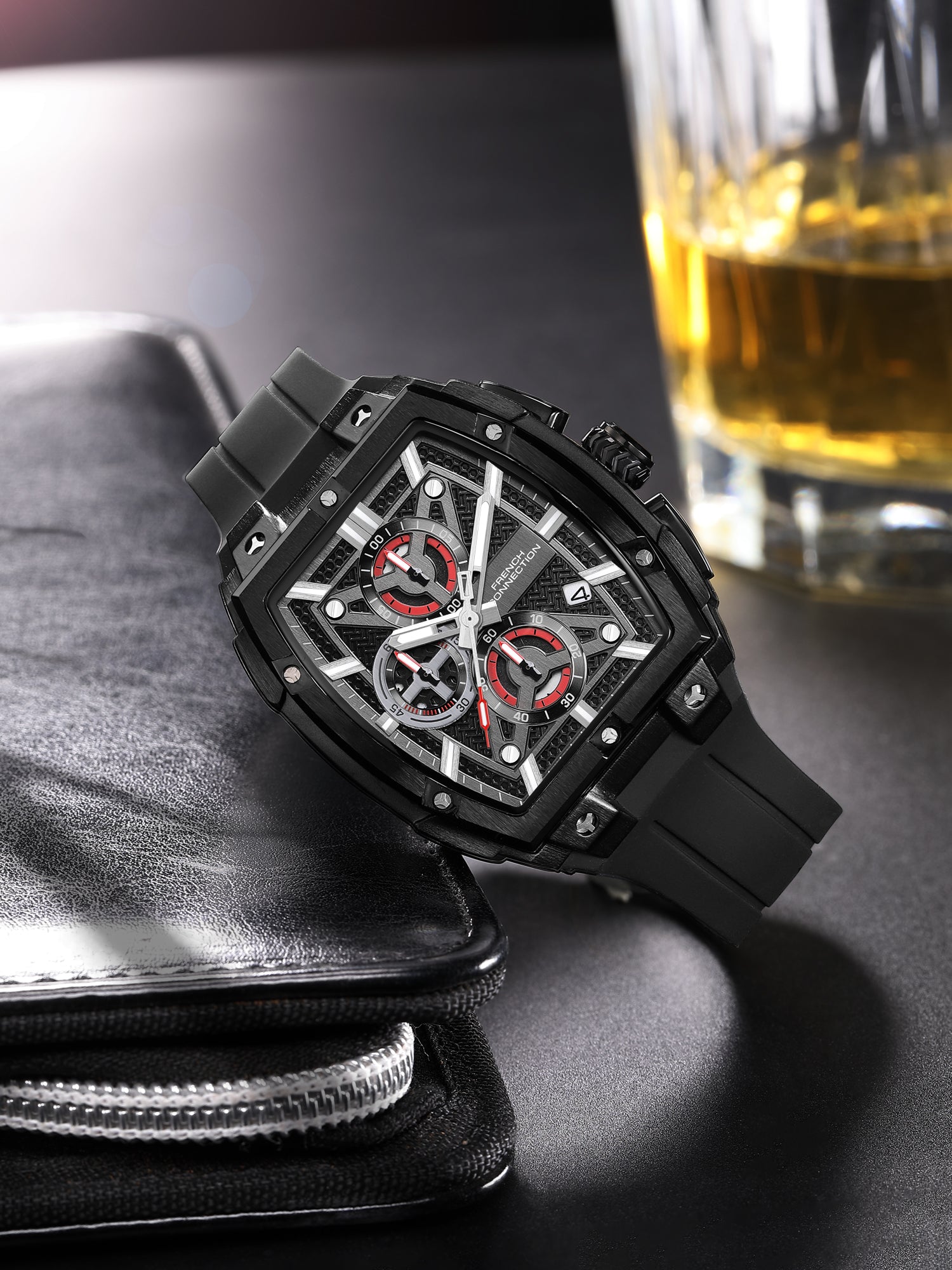 French Connection Exedra | Tonneau Chronograph | Black Dial | Black Silicone Strap | Watch for Men - FCM08BB