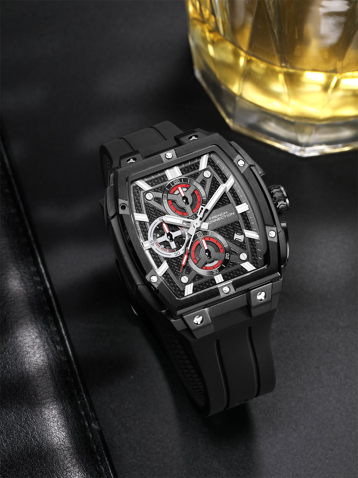 French Connection Exedra | Tonneau Chronograph | Black Dial | Black Silicone Strap | Watch for Men - FCM08BB
