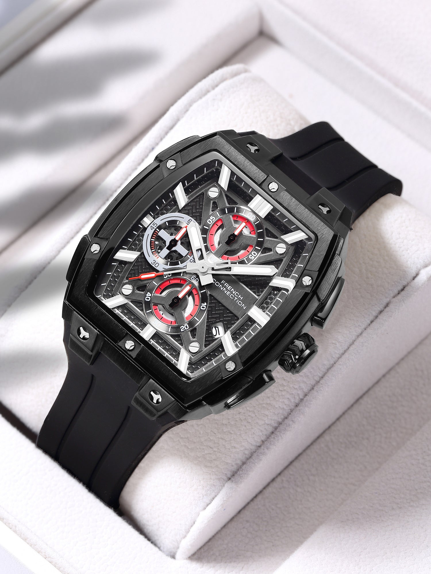French Connection Exedra | Tonneau Chronograph | Black Dial | Black Silicone Strap | Watch for Men - FCM08BB