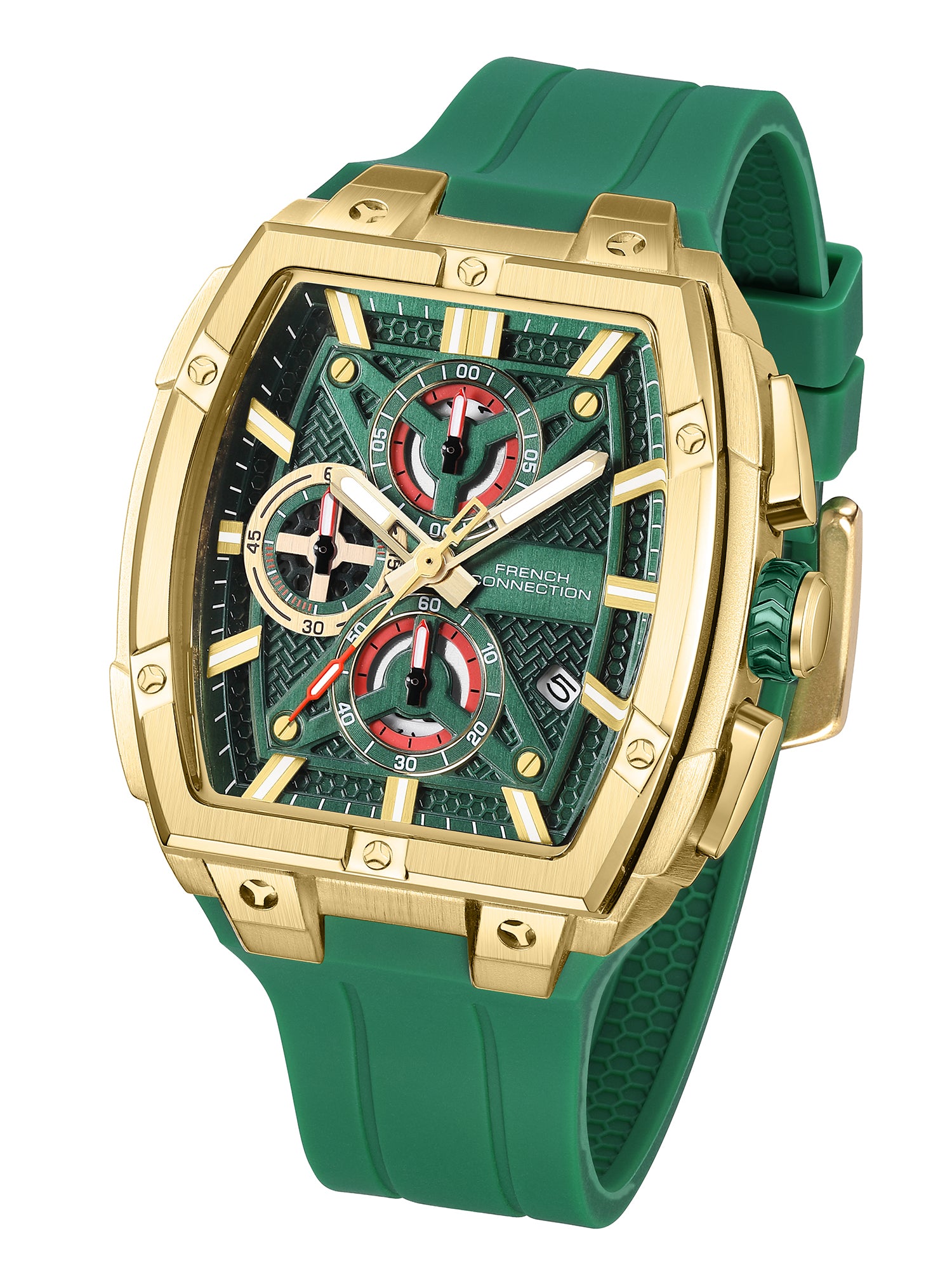 French Connection Exedra | Tonneau Chronograph | Green Dial | Green Silicone Strap | Watch for Men - FCM08GB