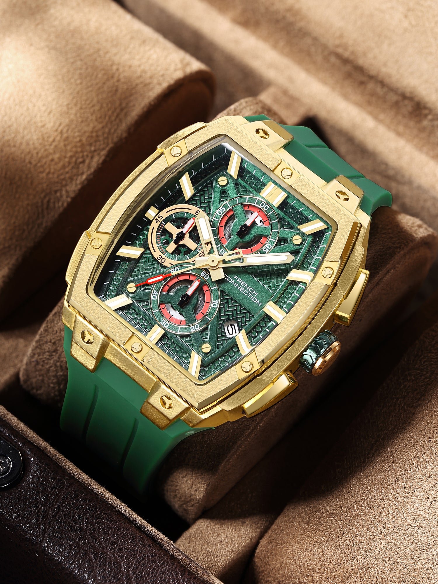 French Connection Exedra | Tonneau Chronograph | Green Dial | Green Silicone Strap | Watch for Men - FCM08GB