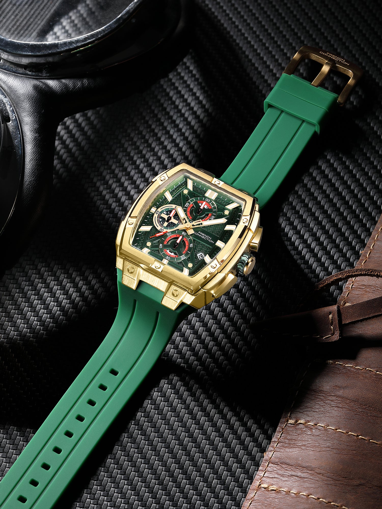 French Connection Exedra | Tonneau Chronograph | Green Dial | Green Silicone Strap | Watch for Men - FCM08GB