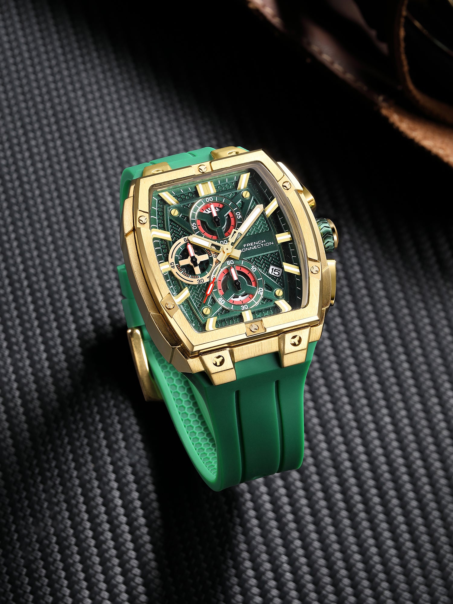 French Connection Exedra | Tonneau Chronograph | Green Dial | Green Silicone Strap | Watch for Men - FCM08GB