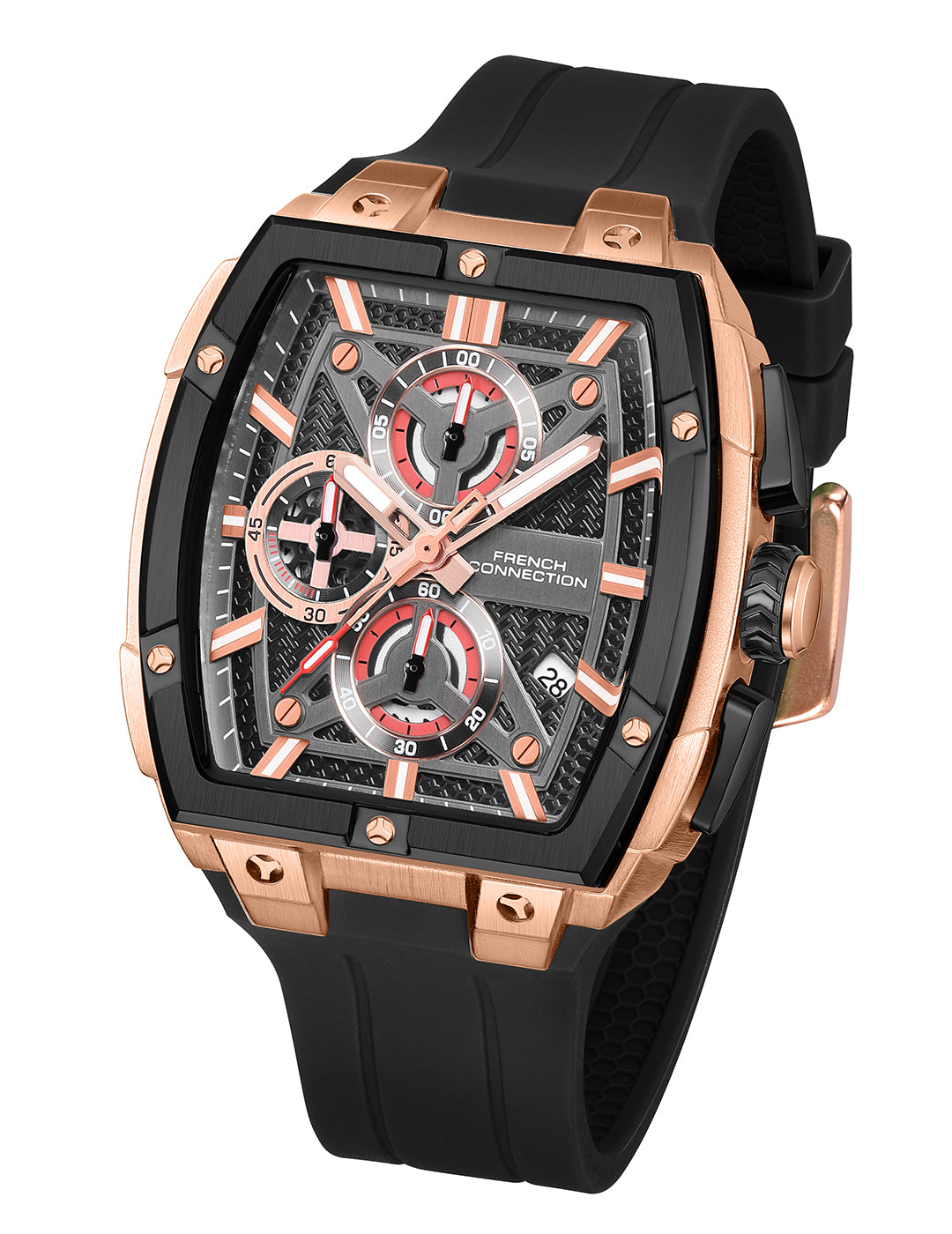 French Connection Exedra | Tonneau Chronograph | Black Dial | Black Silicone Strap | Watch for Men - FCM08RB