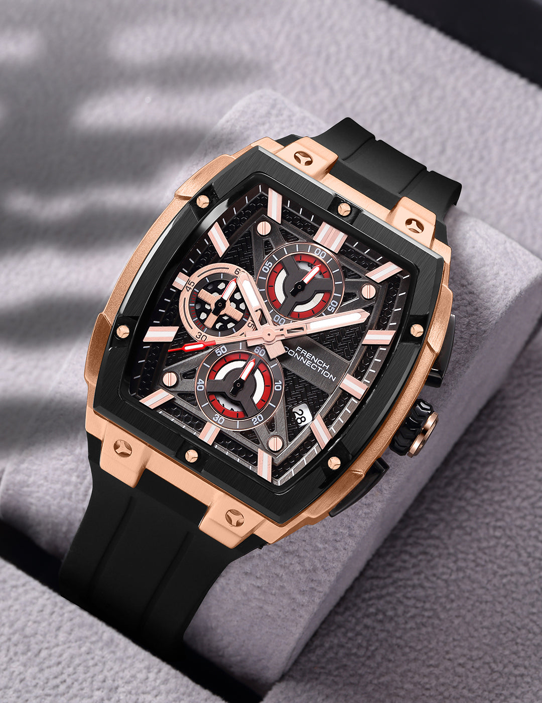 French Connection Exedra | Tonneau Chronograph | Black Dial | Black Silicone Strap | Watch for Men - FCM08RB