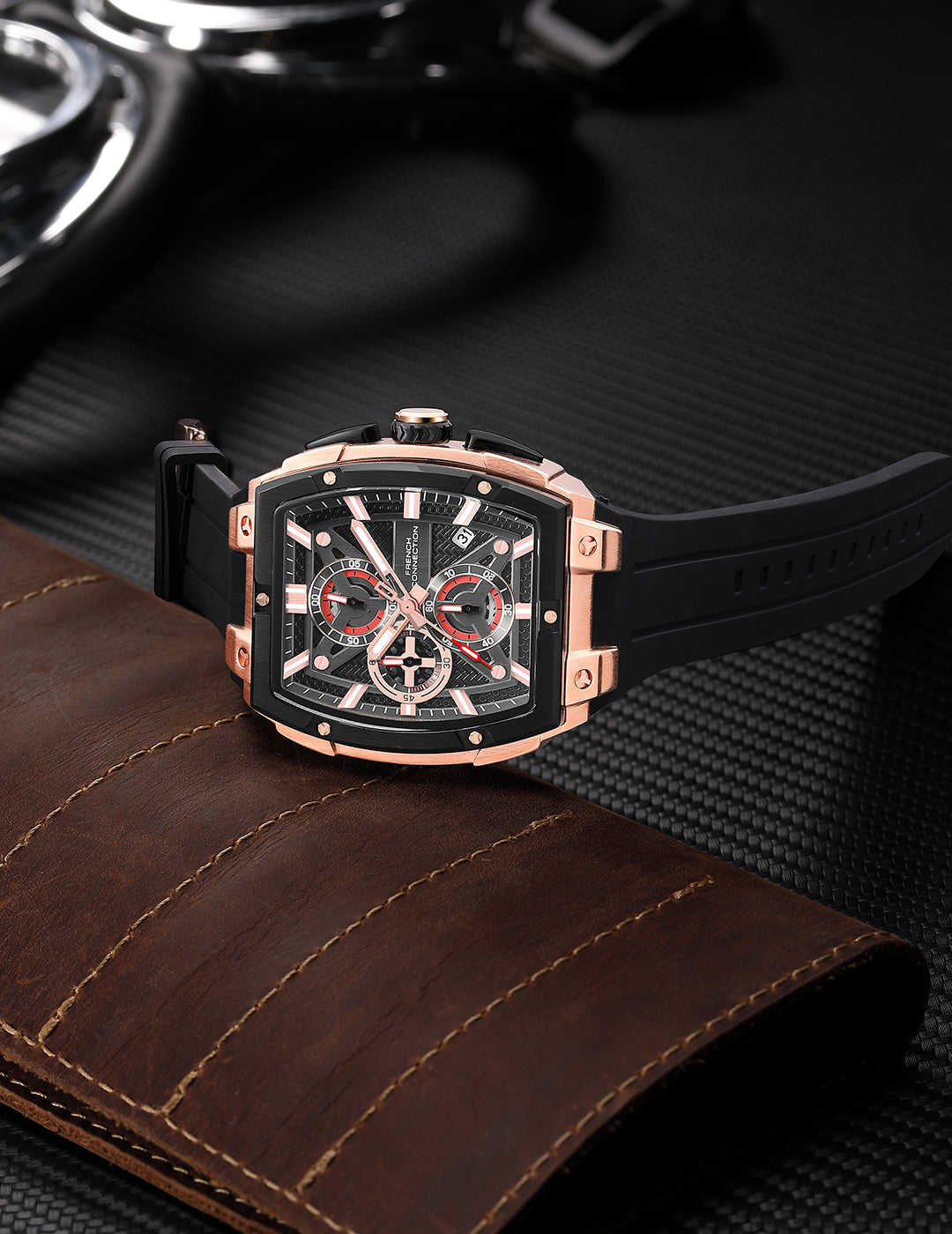 French Connection Exedra | Tonneau Chronograph | Black Dial | Black Silicone Strap | Watch for Men - FCM08RB