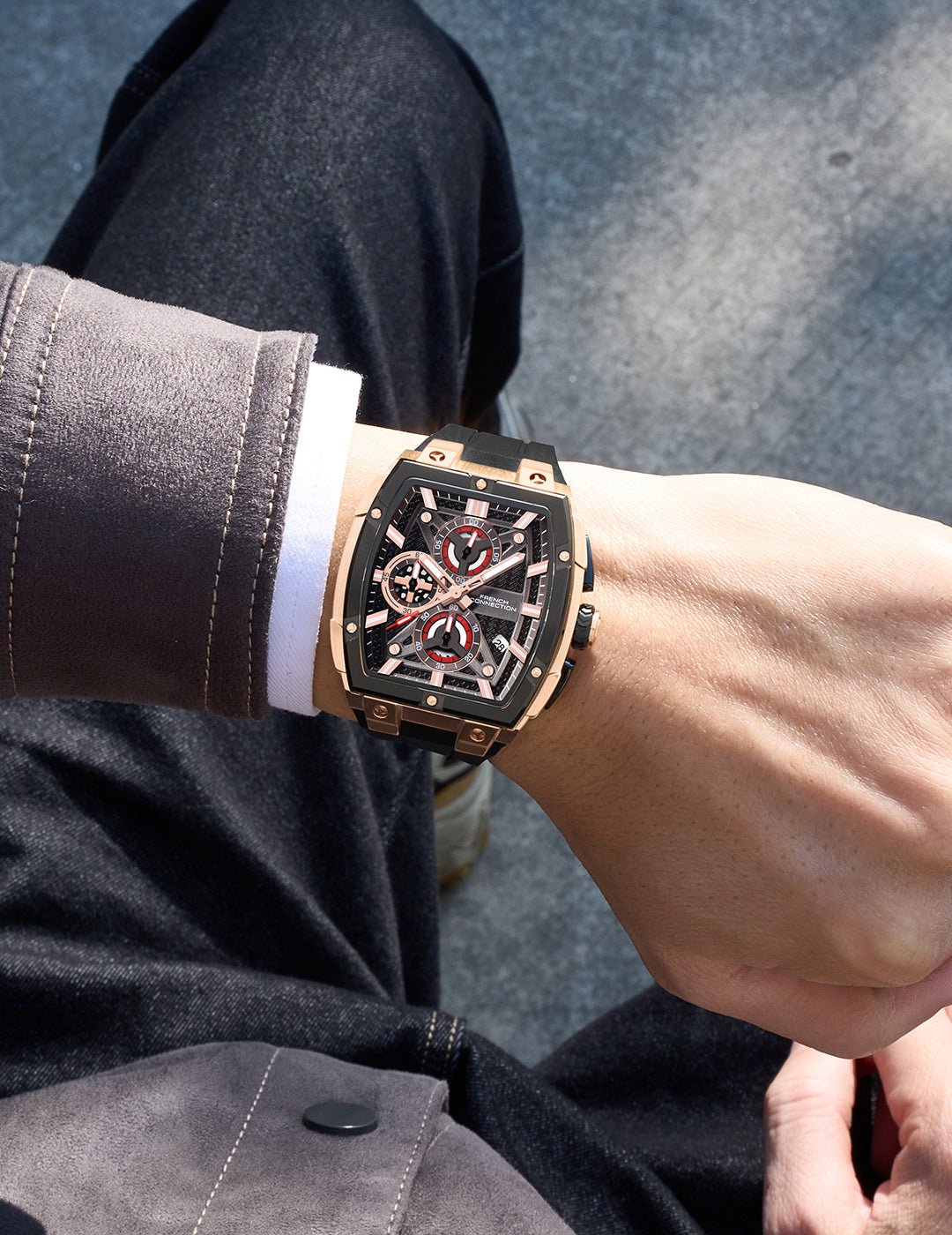 French Connection Exedra | Tonneau Chronograph | Black Dial | Black Silicone Strap | Watch for Men - FCM08RB