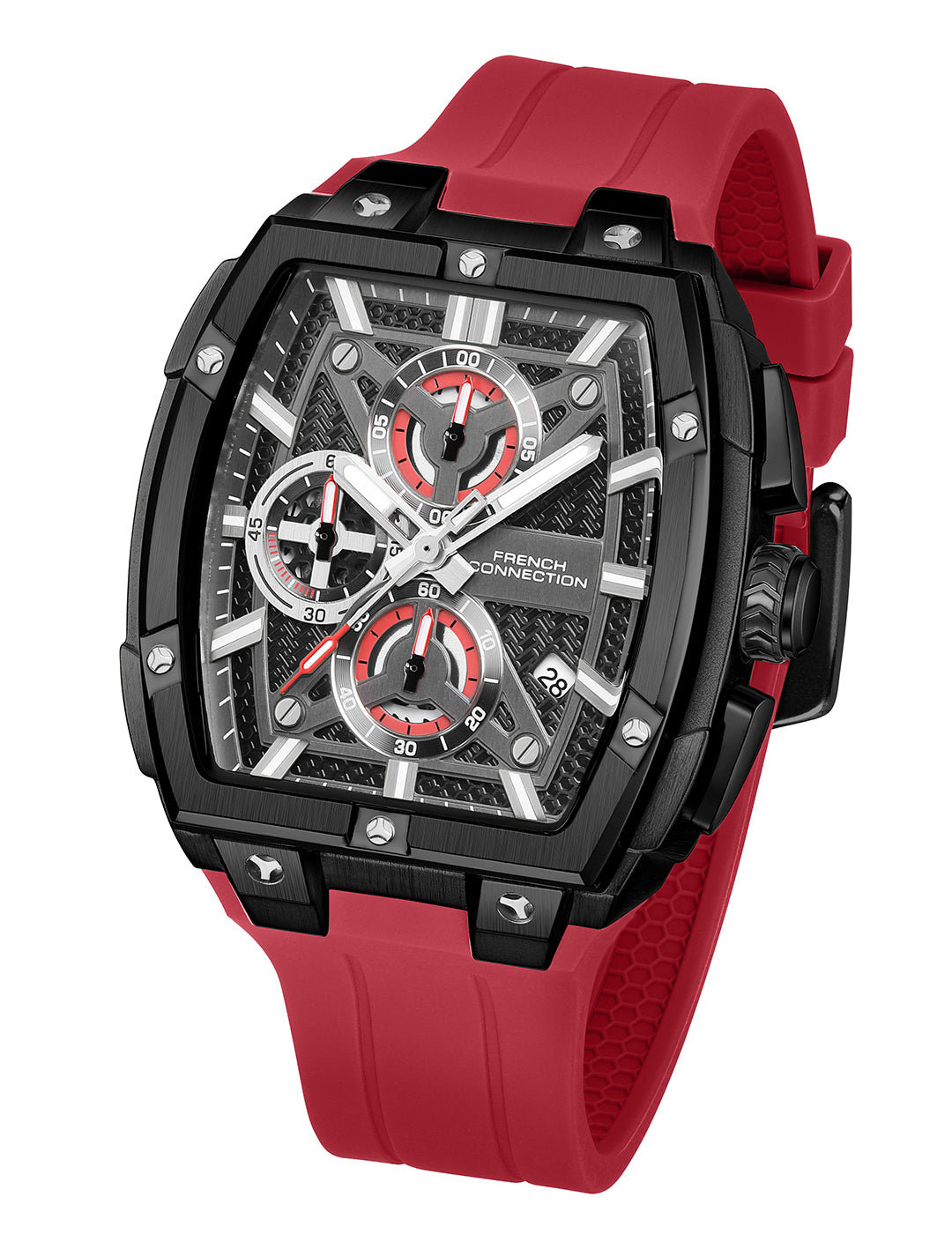 French Connection Exedra | Tonneau Chronograph | Black Dial | Red S filicone Strap | Watchor Men - FCM08R