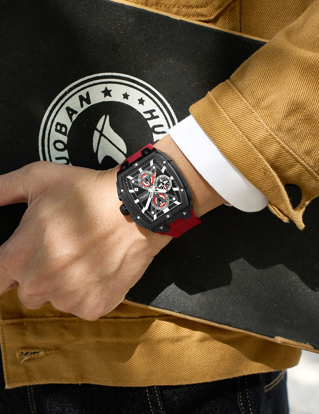 French Connection Exedra | Tonneau Chronograph | Black Dial | Red S filicone Strap | Watchor Men - FCM08R
