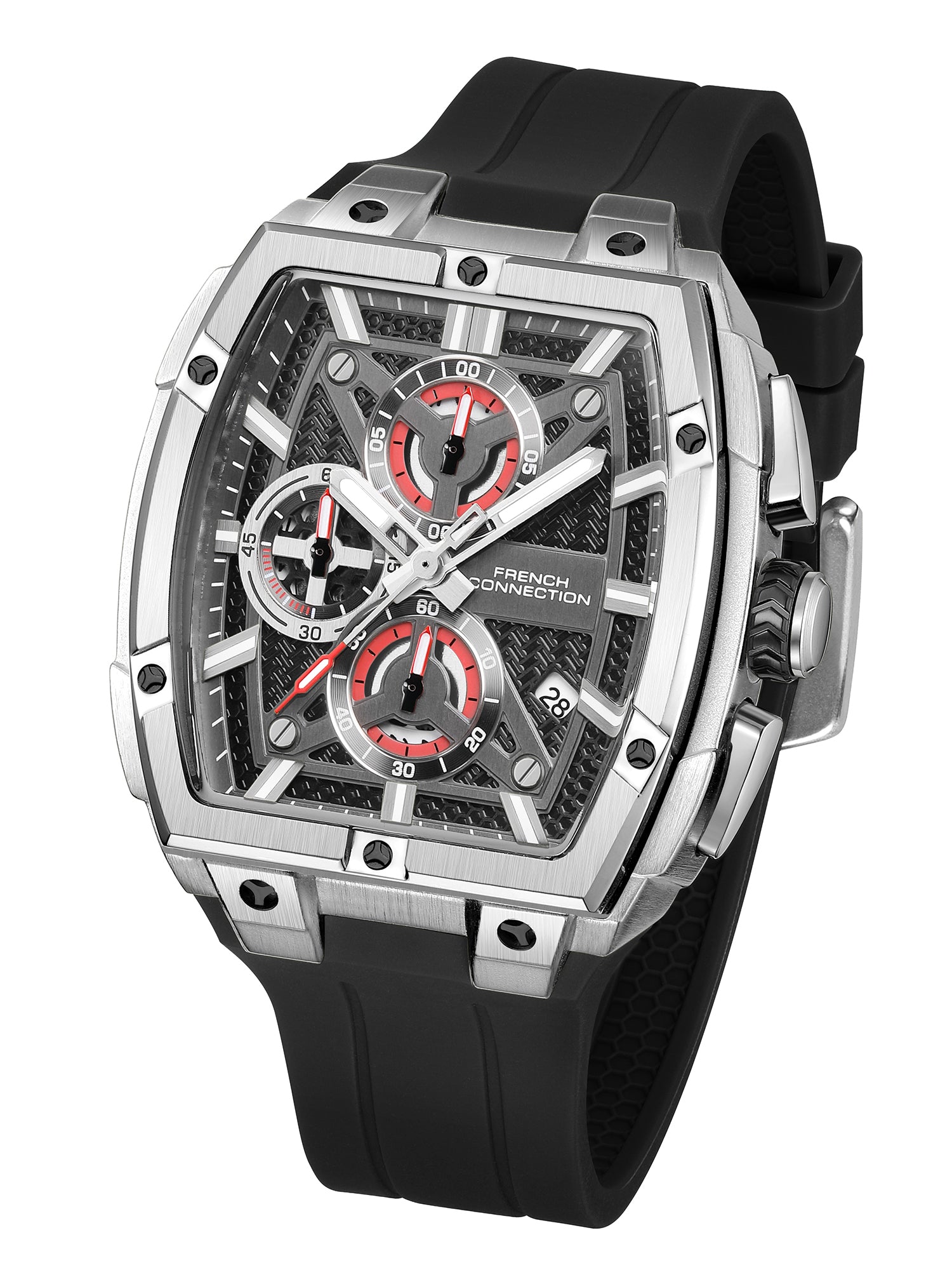 French Connection Exedra | Tonneau Chronograph | Black Dial | Black Silicone Strap | Watch for Men - FCM08SB