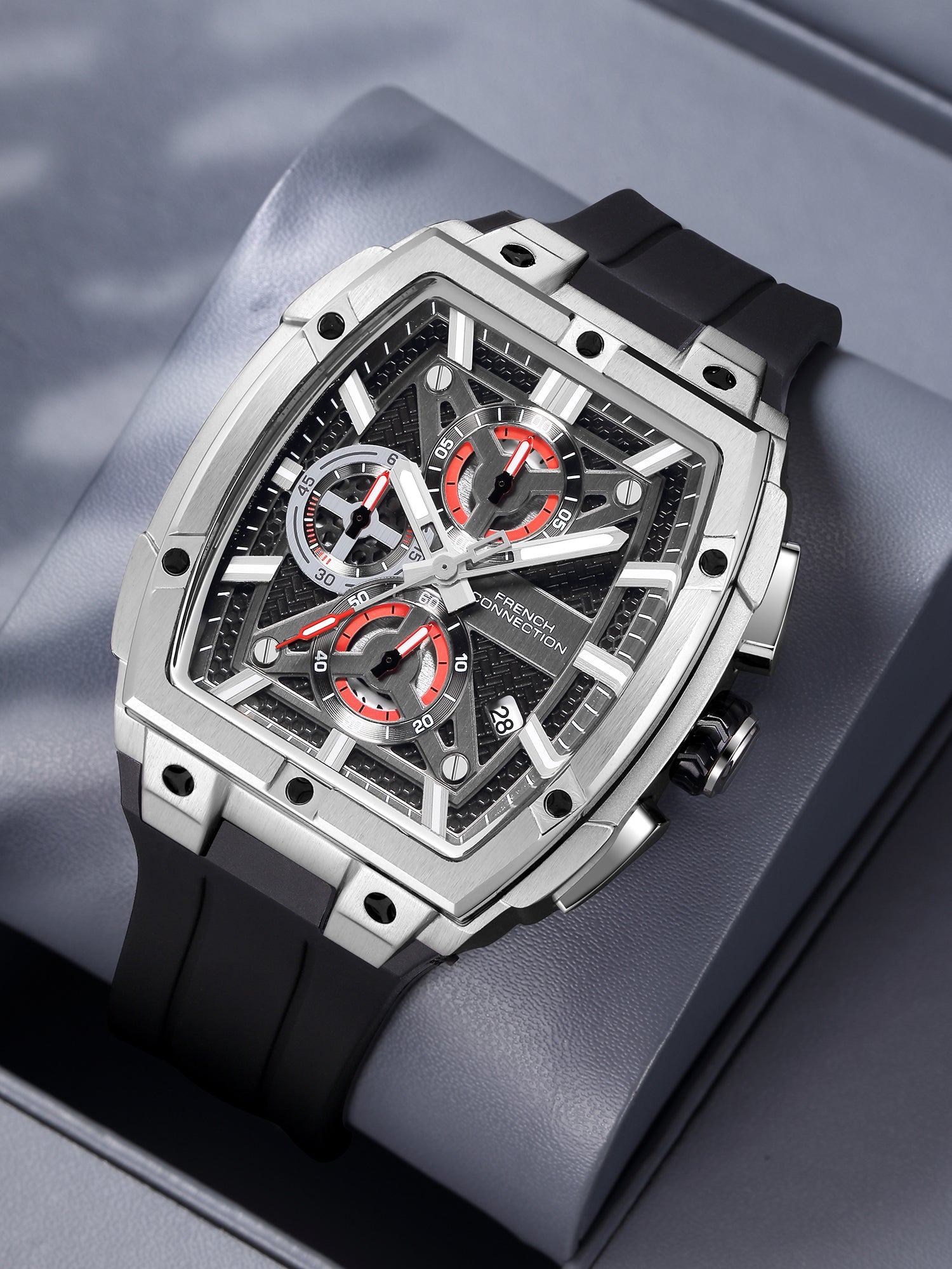 French Connection Exedra | Tonneau Chronograph | Black Dial | Black Silicone Strap | Watch for Men - FCM08SB