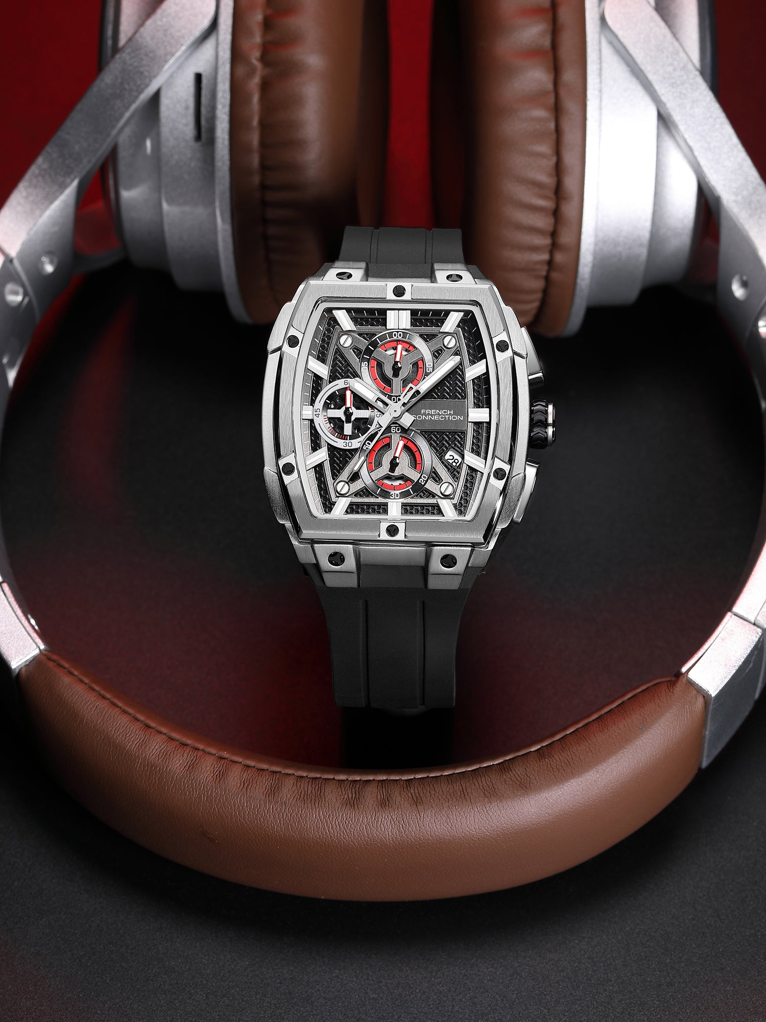 French Connection Exedra | Tonneau Chronograph | Black Dial | Black Silicone Strap | Watch for Men - FCM08SB