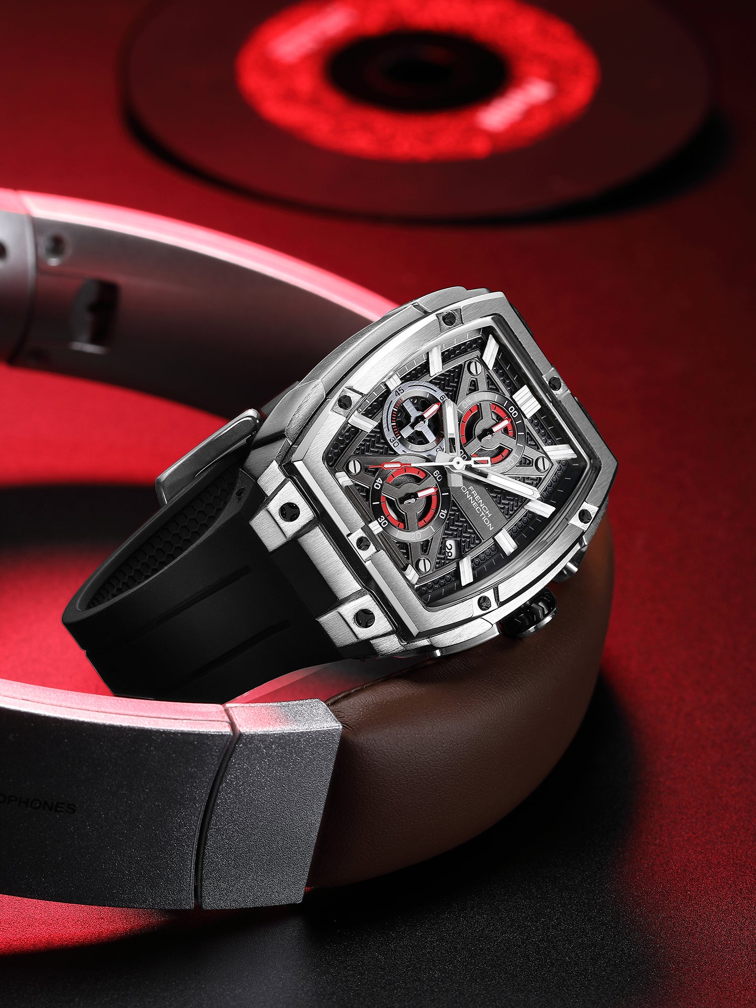 French Connection Exedra | Tonneau Chronograph | Black Dial | Black Silicone Strap | Watch for Men - FCM08SB