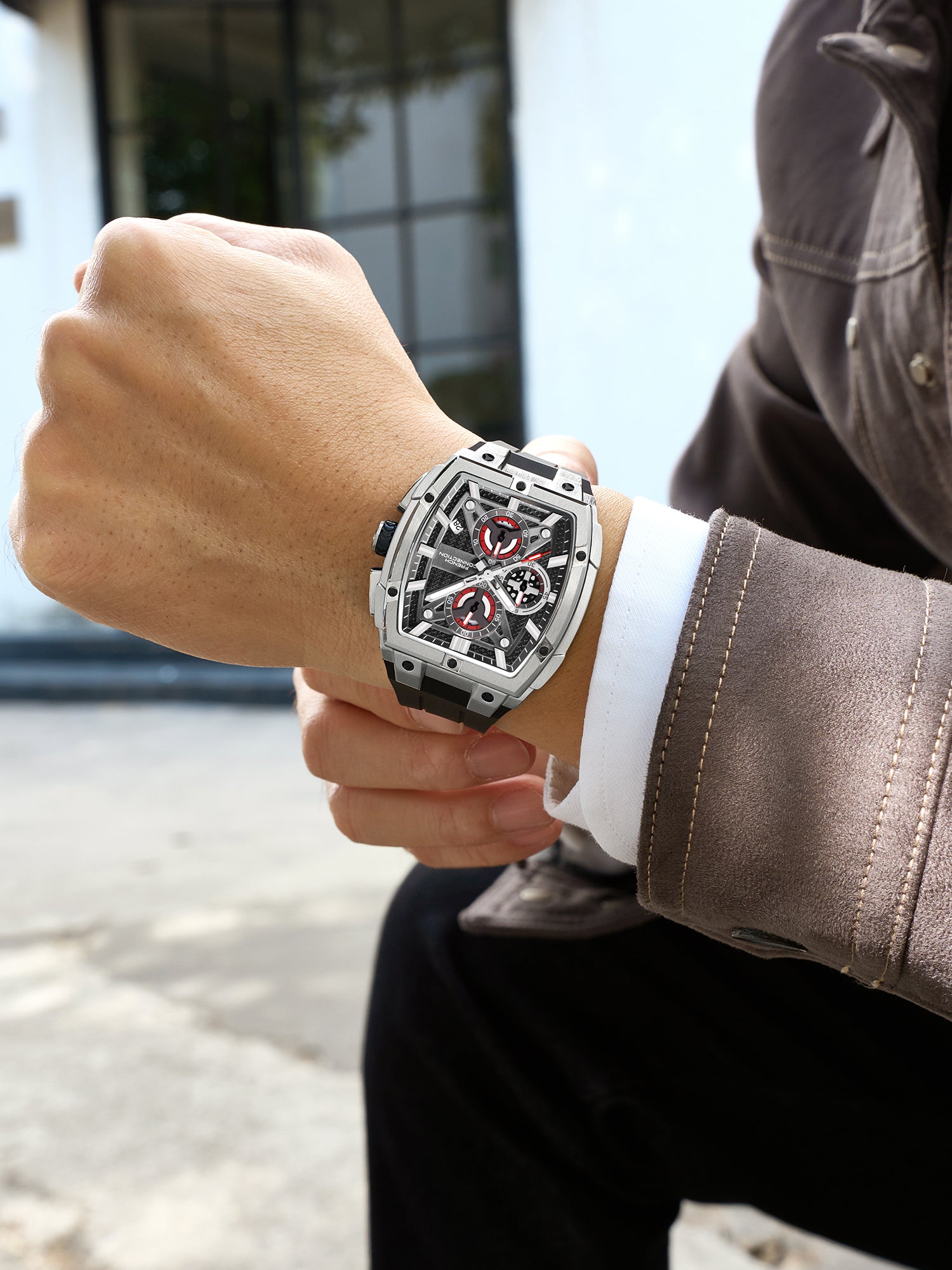 French Connection Exedra | Tonneau Chronograph | Black Dial | Black Silicone Strap | Watch for Men - FCM08SB