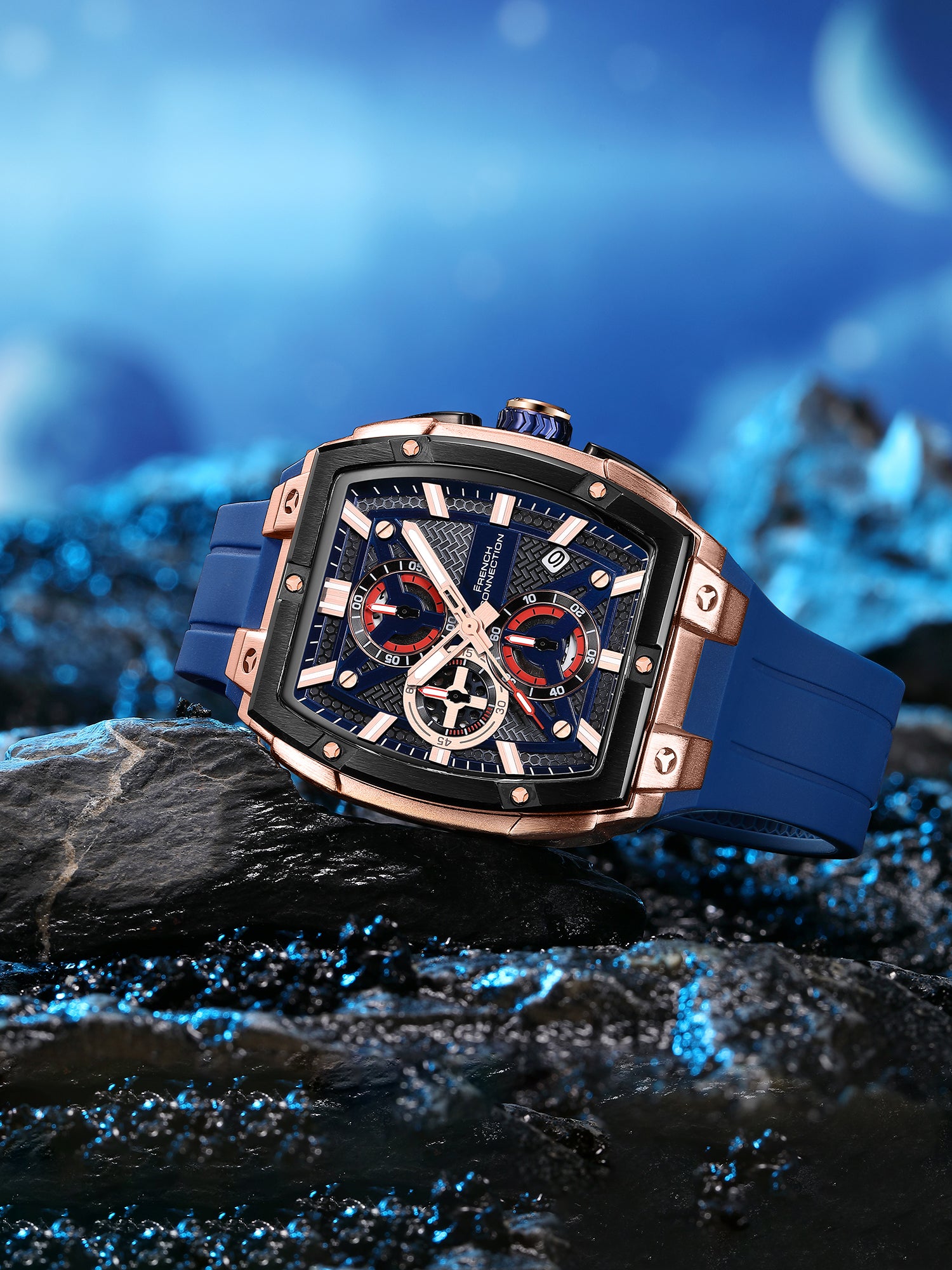 French Connection Exedra | Tonneau Chronograph | Blue Dial | Blue Silicone Strap | Watch for Men - FCM08U