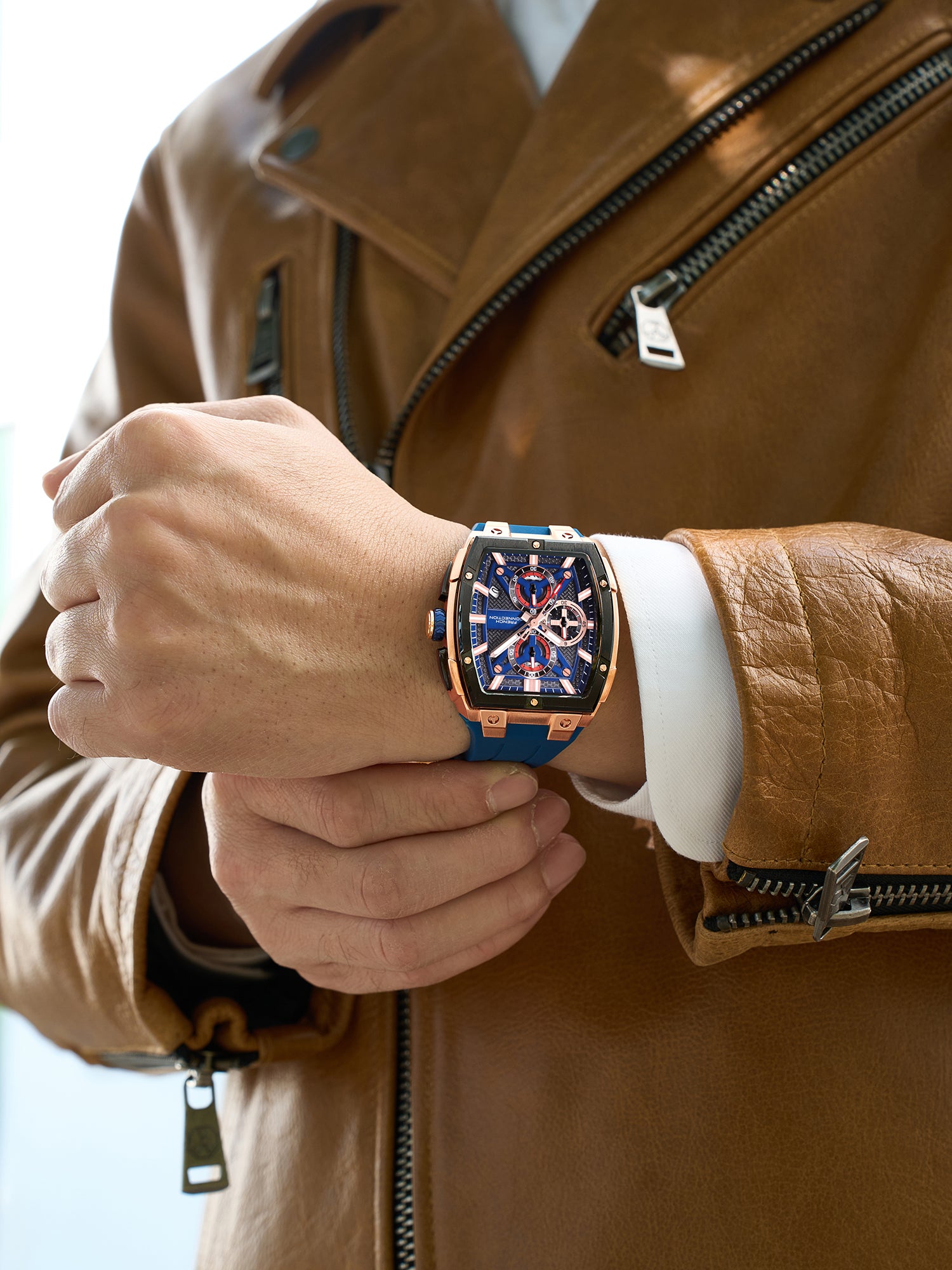 French Connection Exedra | Tonneau Chronograph | Blue Dial | Blue Silicone Strap | Watch for Men - FCM08U