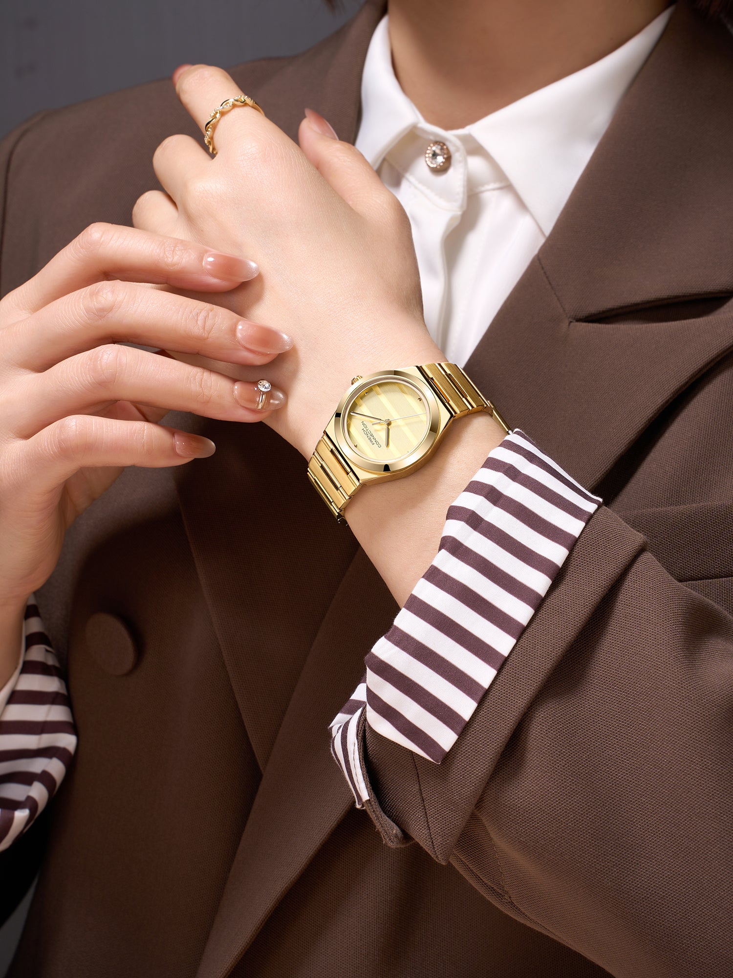 French Connection Aweline | Analog | Champagne Dial | Gold Stainless Steel Strap | Watch for Women - FCM09GM