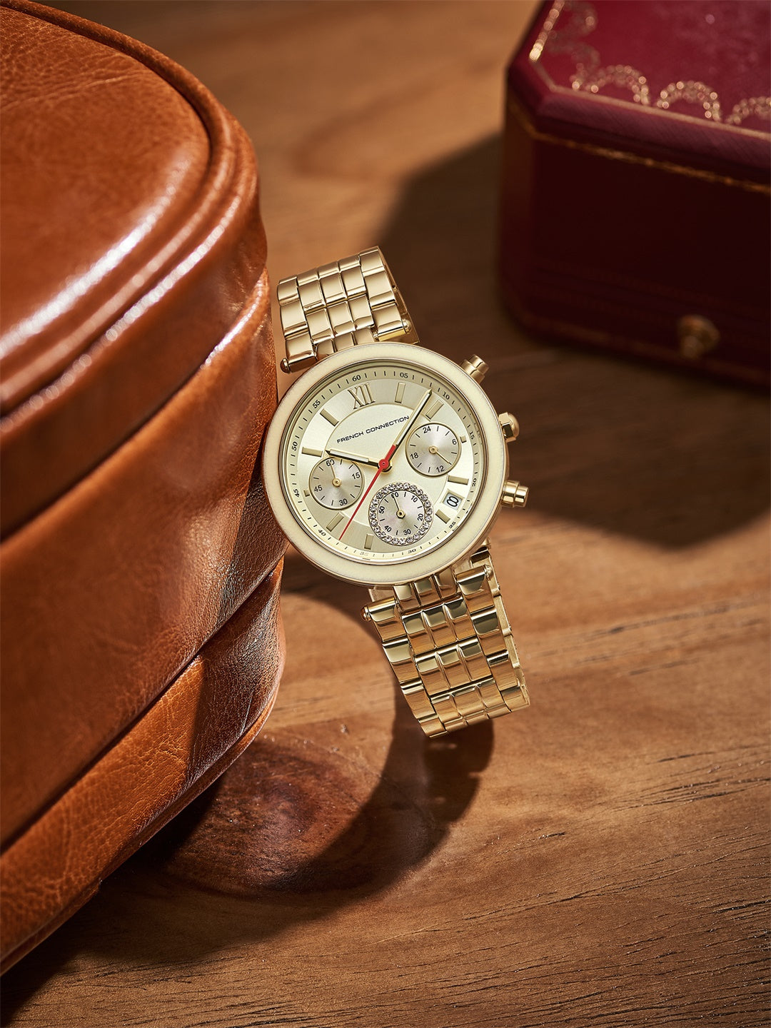 French Connection ChronaLuxe | Quartz Chronograph | Champagne Dial | Stainless Steel Strap | Watch for Women - FCMX05GM