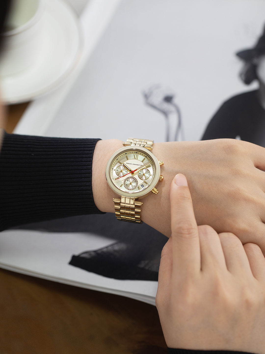 French Connection ChronaLuxe | Quartz Chronograph | Champagne Dial | Stainless Steel Strap | Watch for Women - FCMX05GM