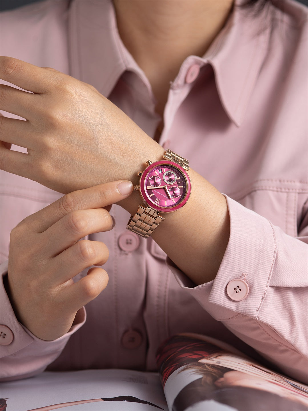 French Connection ChronaLuxe | Quartz Chronograph | Purple Dial | Stainless Steel Strap | Watch for Women - FCMX05RGM