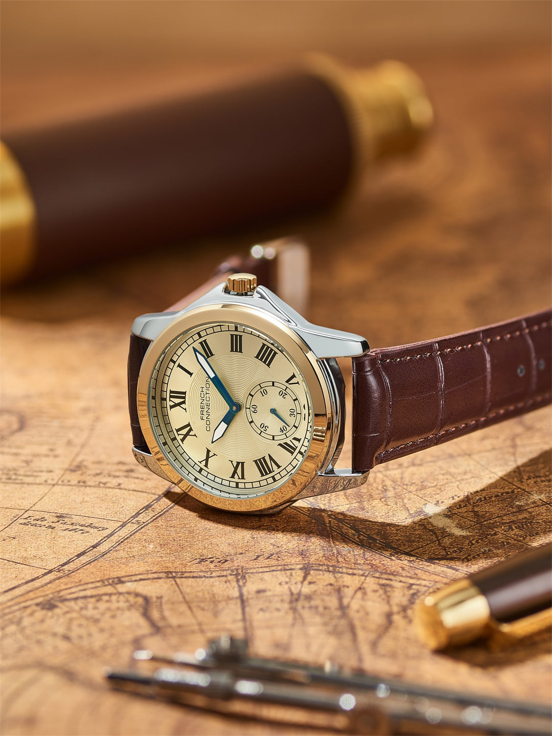 French Connection Romanite | Quartz Analog Display | White Dial | Brown Leather Strap | Watch for Men - FCMX07BRL