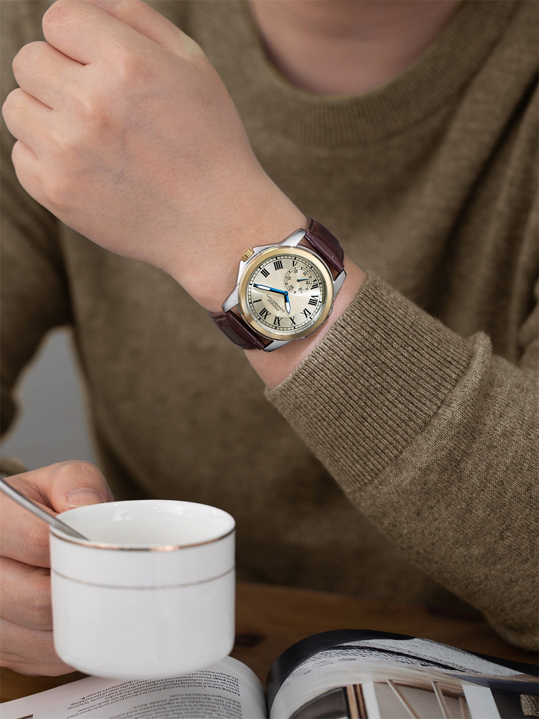 French Connection Romanite | Quartz Analog Display | White Dial | Brown Leather Strap | Watch for Men - FCMX07BRL