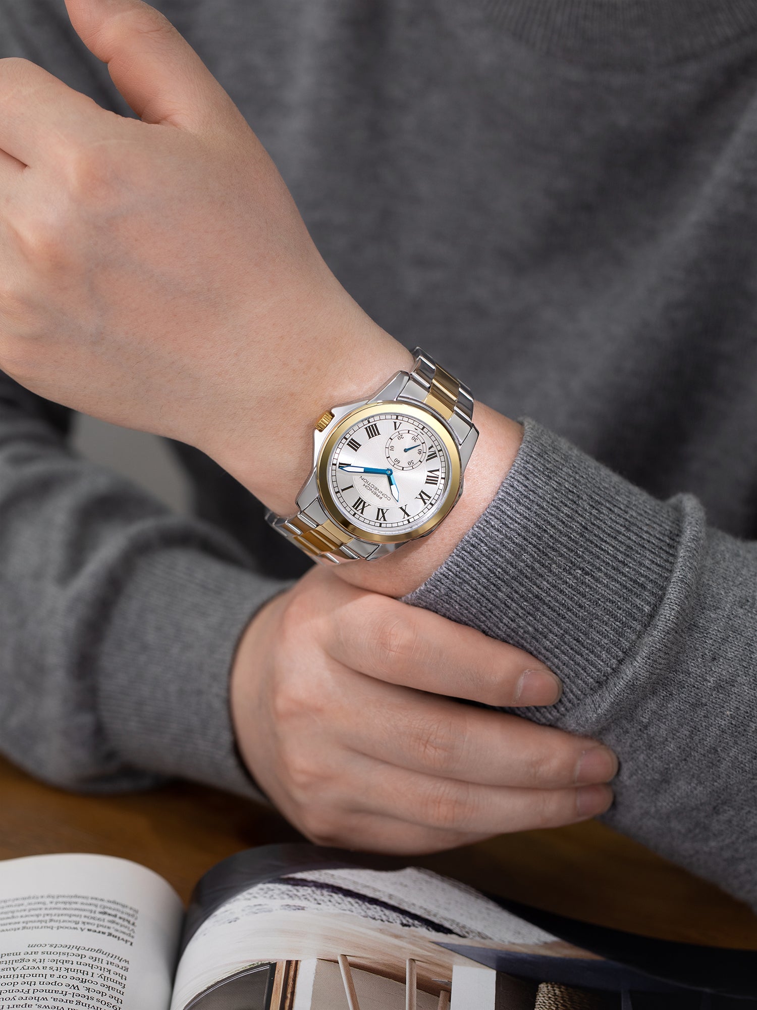 French Connection Romanite | Quartz Analog Display | White Dial | Two- Tone Stainless Steel Strap | Watch for Men - FCMX07TM