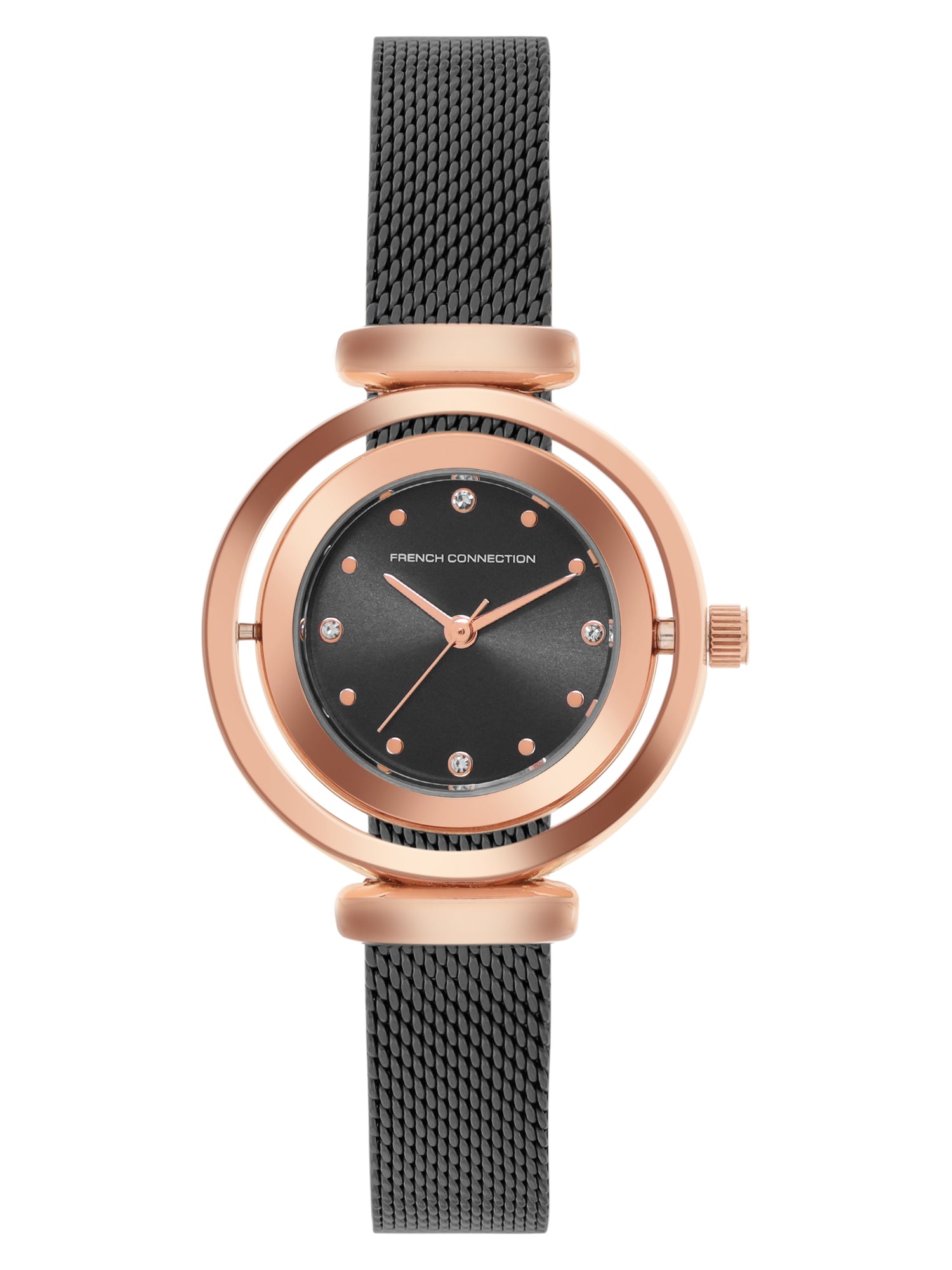 French Connection Sunray Black Round Dial With Black Stainless Steel Strap Watch - For Womens FCMX1BM