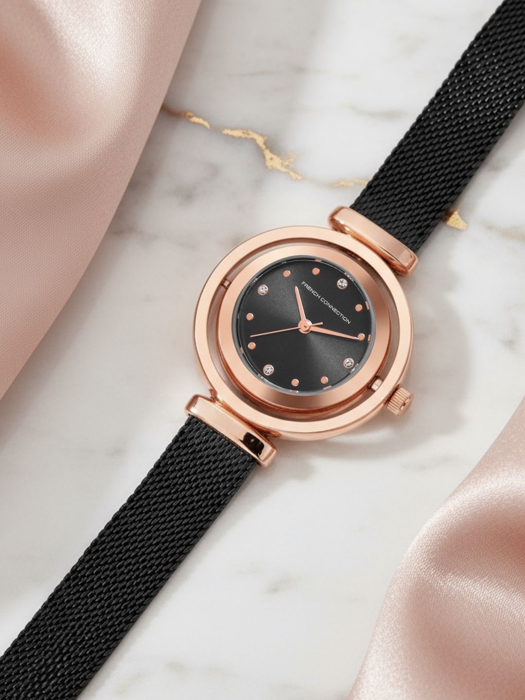 French Connection Sunray Black Round Dial With Black Stainless Steel Strap Watch - For Womens FCMX1BM