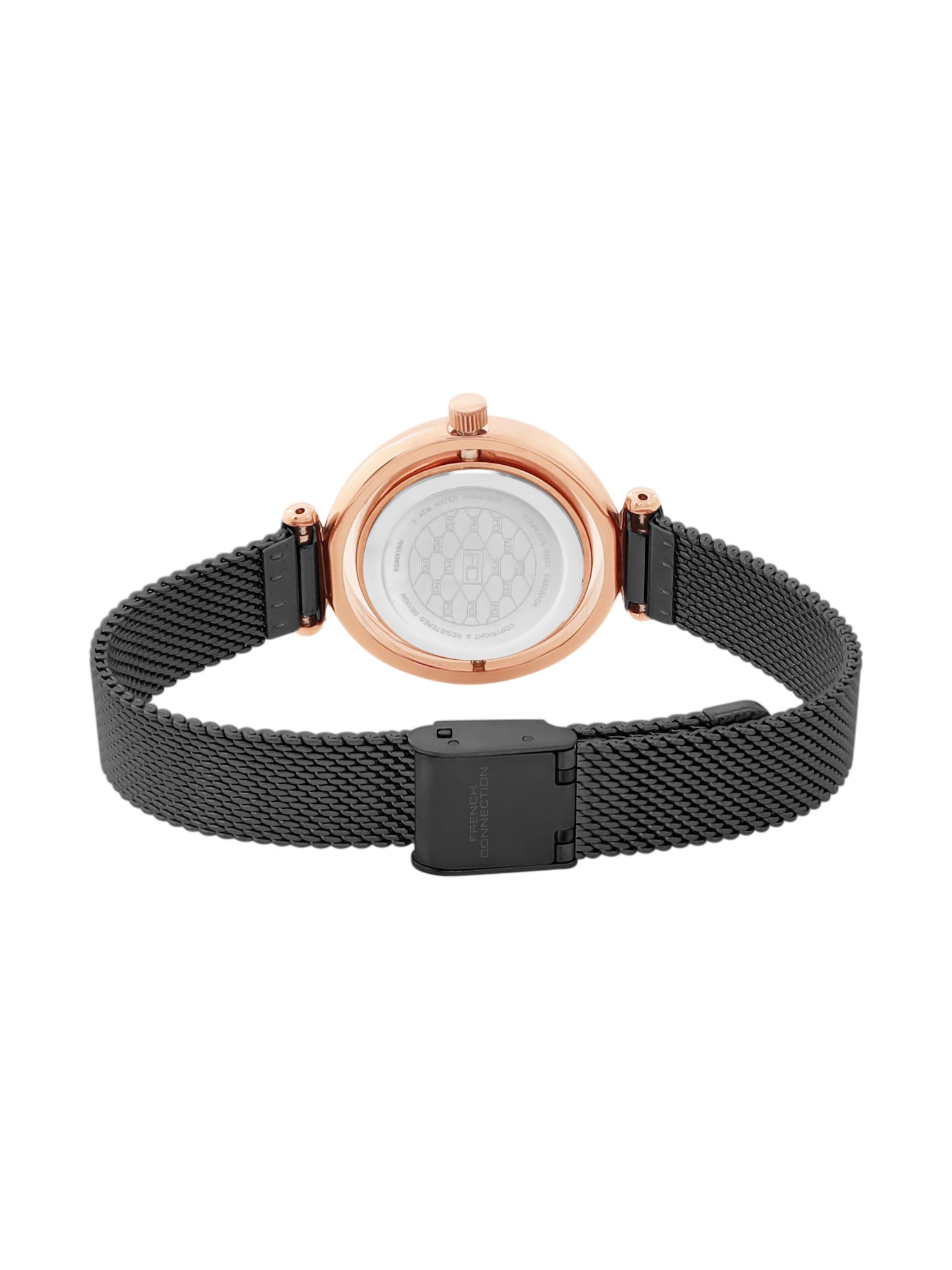 French Connection Sunray Black Round Dial With Black Stainless Steel Strap Watch - For Womens FCMX1BM