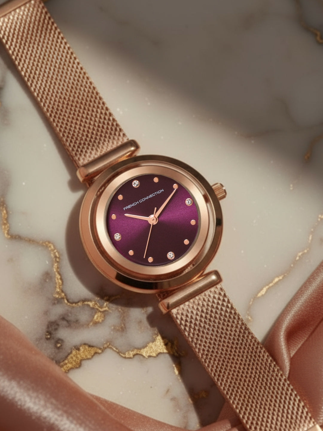 French Connection Sunray Purple Round Dial With Rose Stainless Steel Strap Watch - For Womens FCMX1RGM