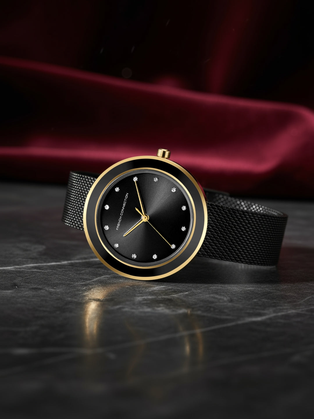 French Connection Sunray Black Round Dial With Black Stainless Steel Strap Watch - For Womens FCMX2BM