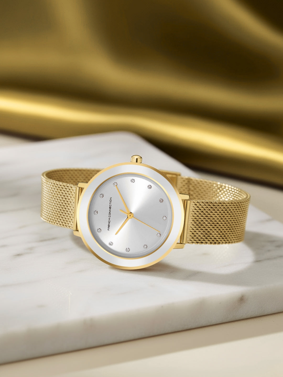 French Connection Sunray Silver Round Dial With Gold Stainless Steel Strap Watch - For Womens FCMX2GM