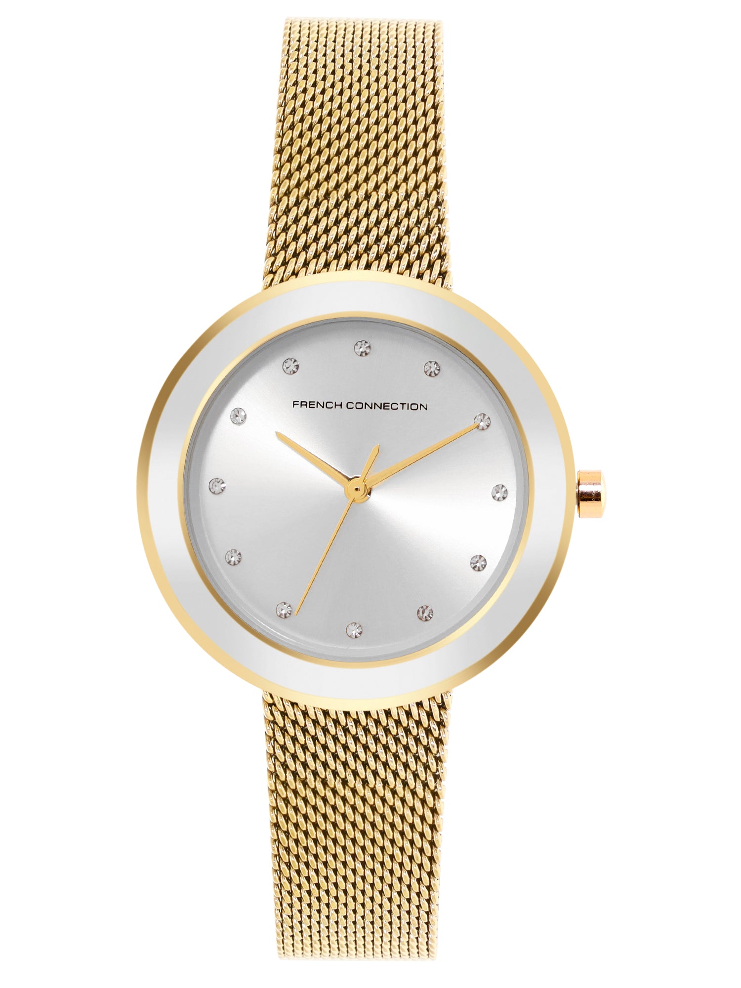 French Connection Sunray Silver Round Dial With Gold Stainless Steel Strap Watch - For Womens FCMX2GM