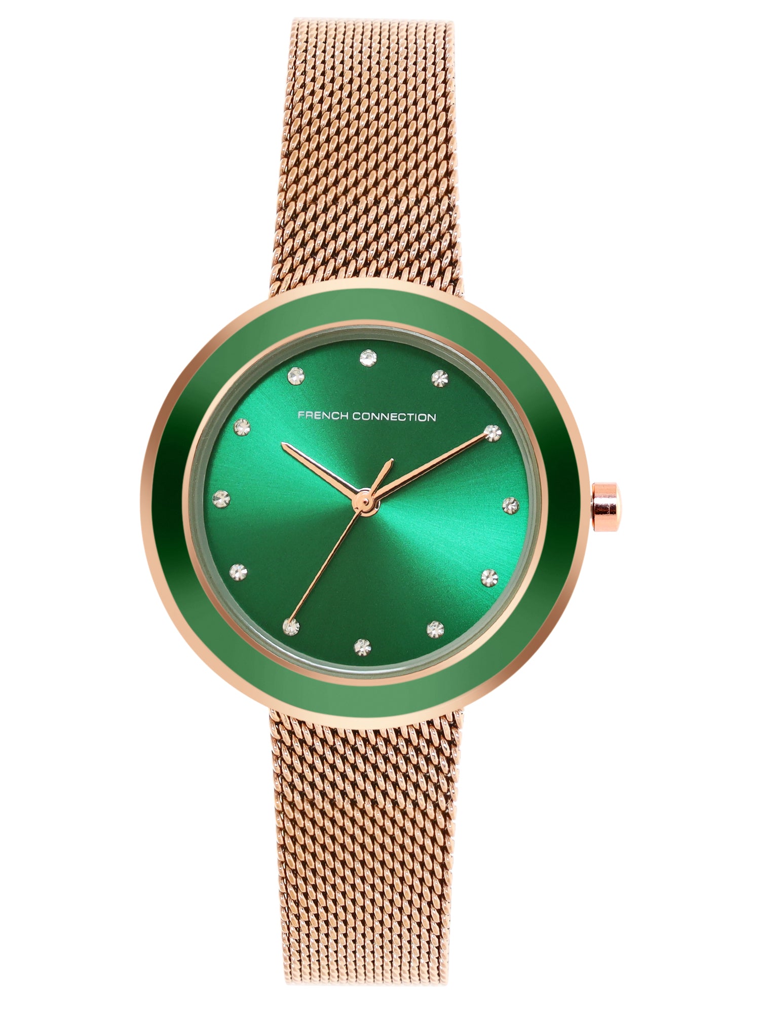 French Connection Sunray Green Round Dial With Rose Stainless Steel Strap Watch - For Womens FCMX2NRGM