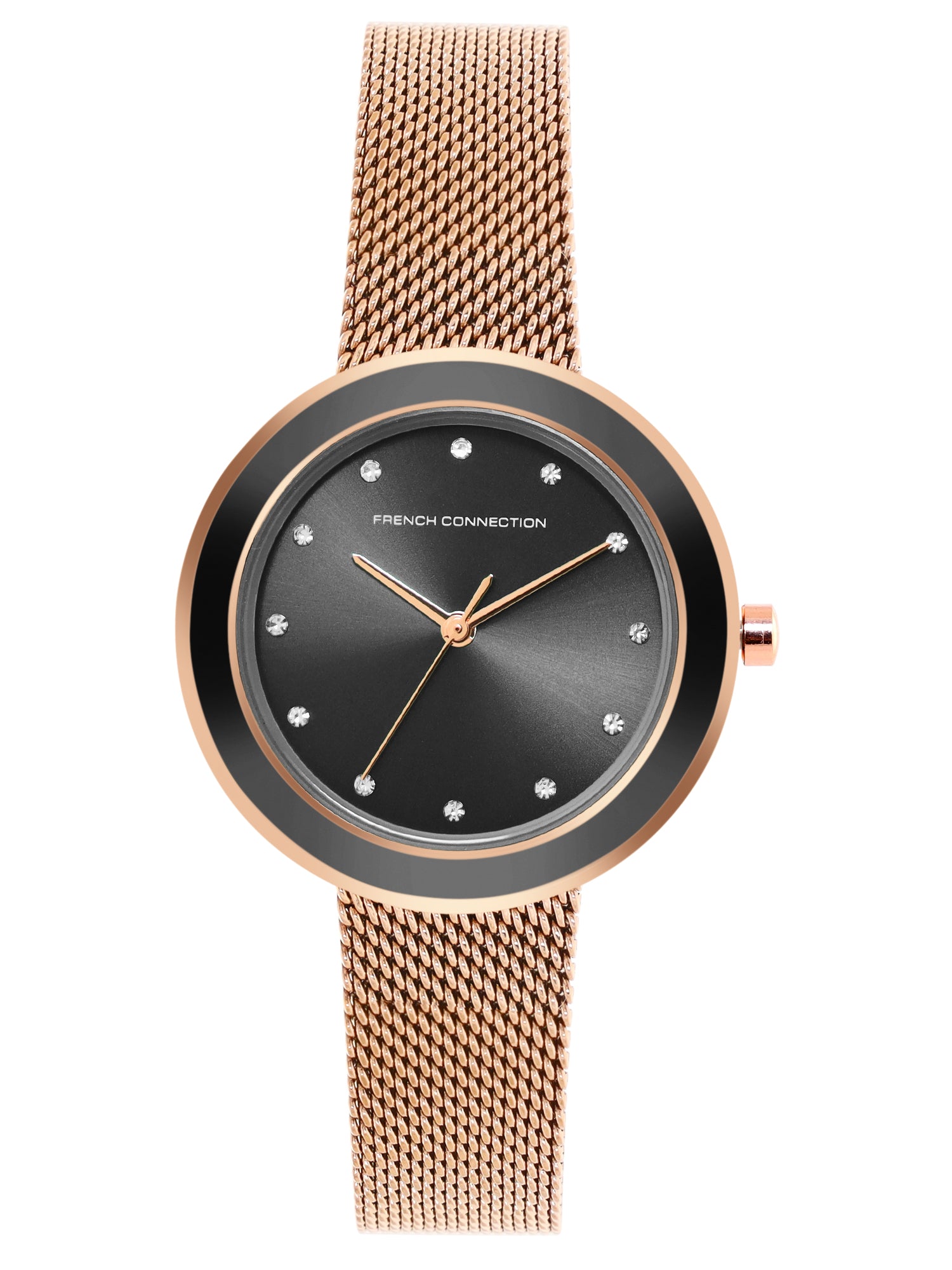 French Connection Sunray Black Round Dial With Rose Stainless Steel Strap Watch - For Womens FCMX2RGM