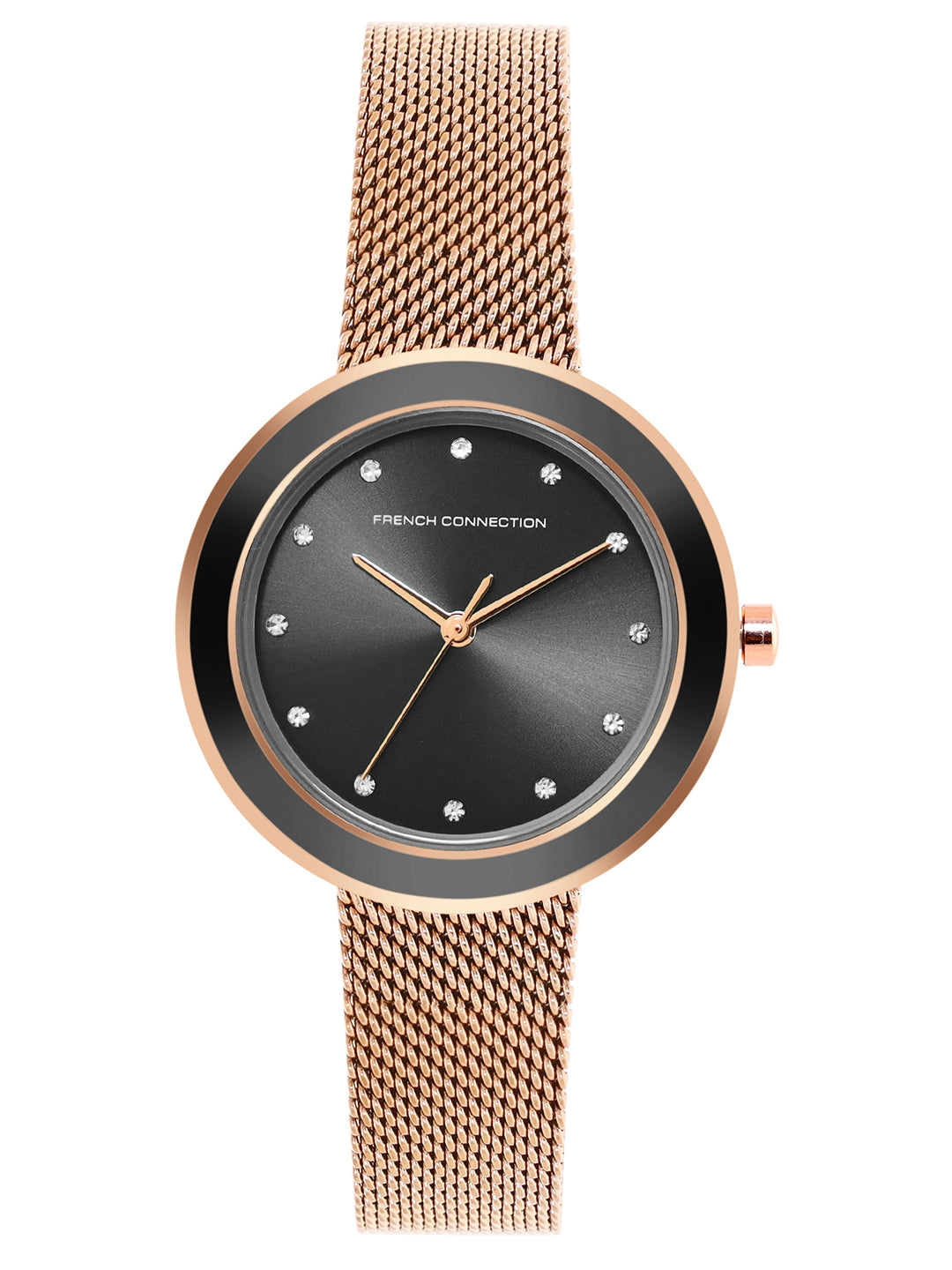French Connection Sunray Black Round Dial With Rose Stainless Steel Strap Watch - For Womens FCMX2RGM